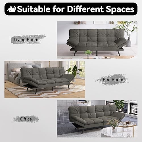 Miniatura 16 de Vyfipt Sofá cama tipo futón, sofá pequeño de espuma viscoelástica de piel sintética para sala de estar, sofá biplaza moderno con reposabrazos Negro