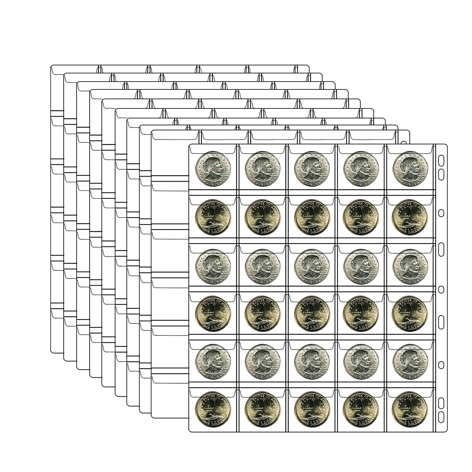 10 Sheets Coin Collection Pages, Coins Pocket Page with 300 Pockets