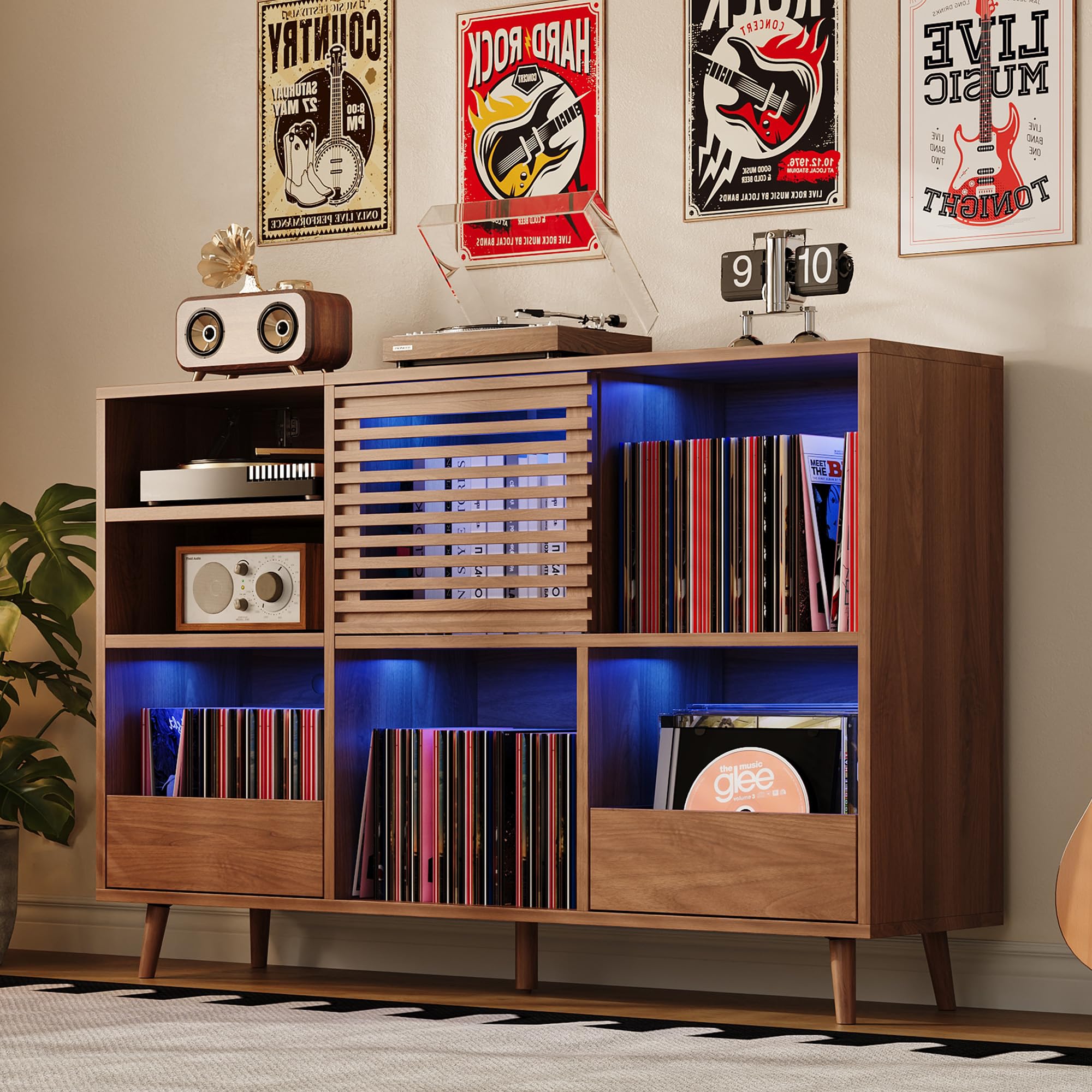 IRONCK Mid Century Modern Record Player Stand, Holds 1000+ Vinyl Records with 2 Drawers, Large Turntable Stand with Charging Station & LED Light,