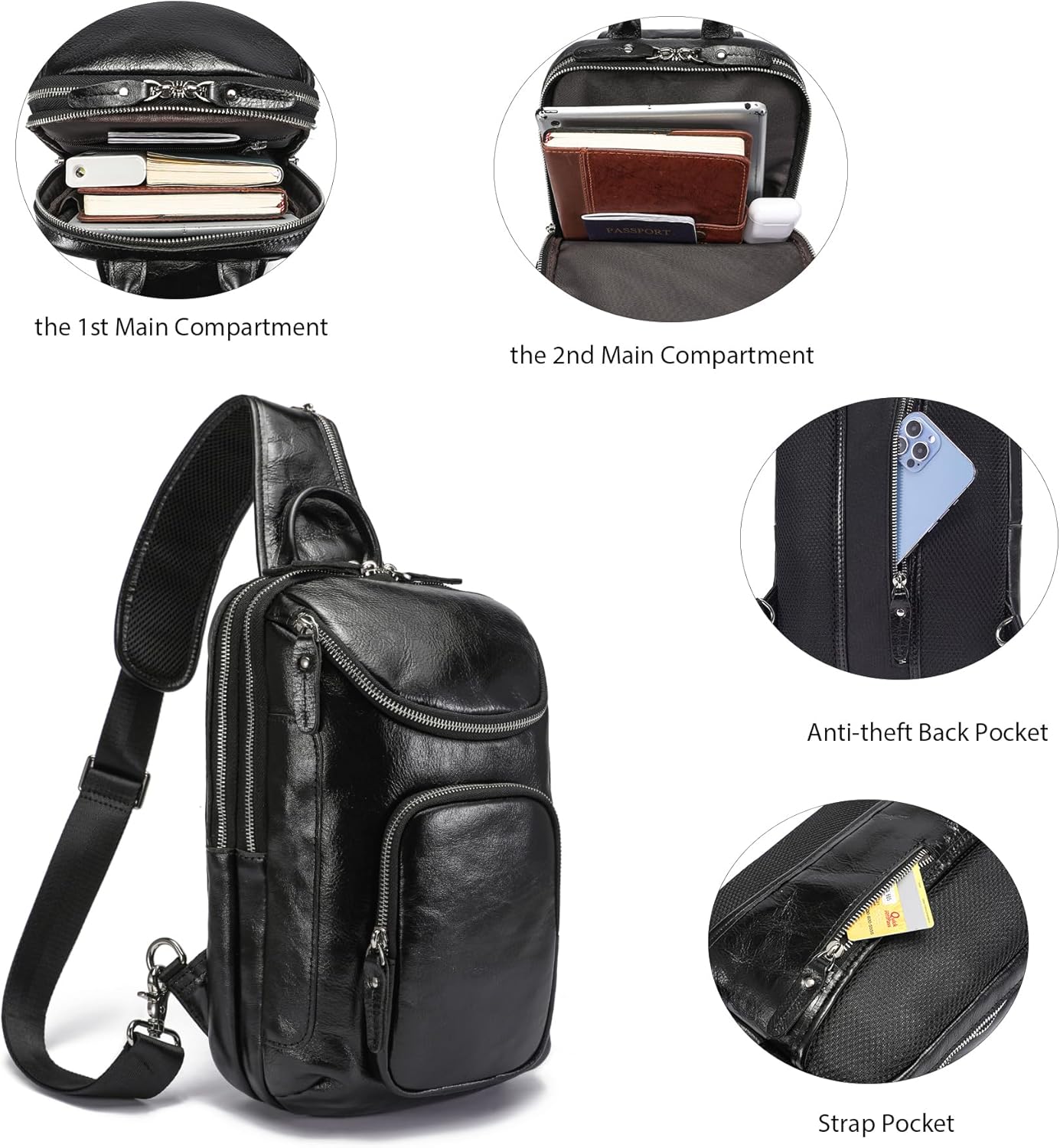 LANNSYNE Vintage Full Grain Leather Sling Bag Crossbody Chest Daypack | Vintage, Full Grain, Leather, Chest - Image 4