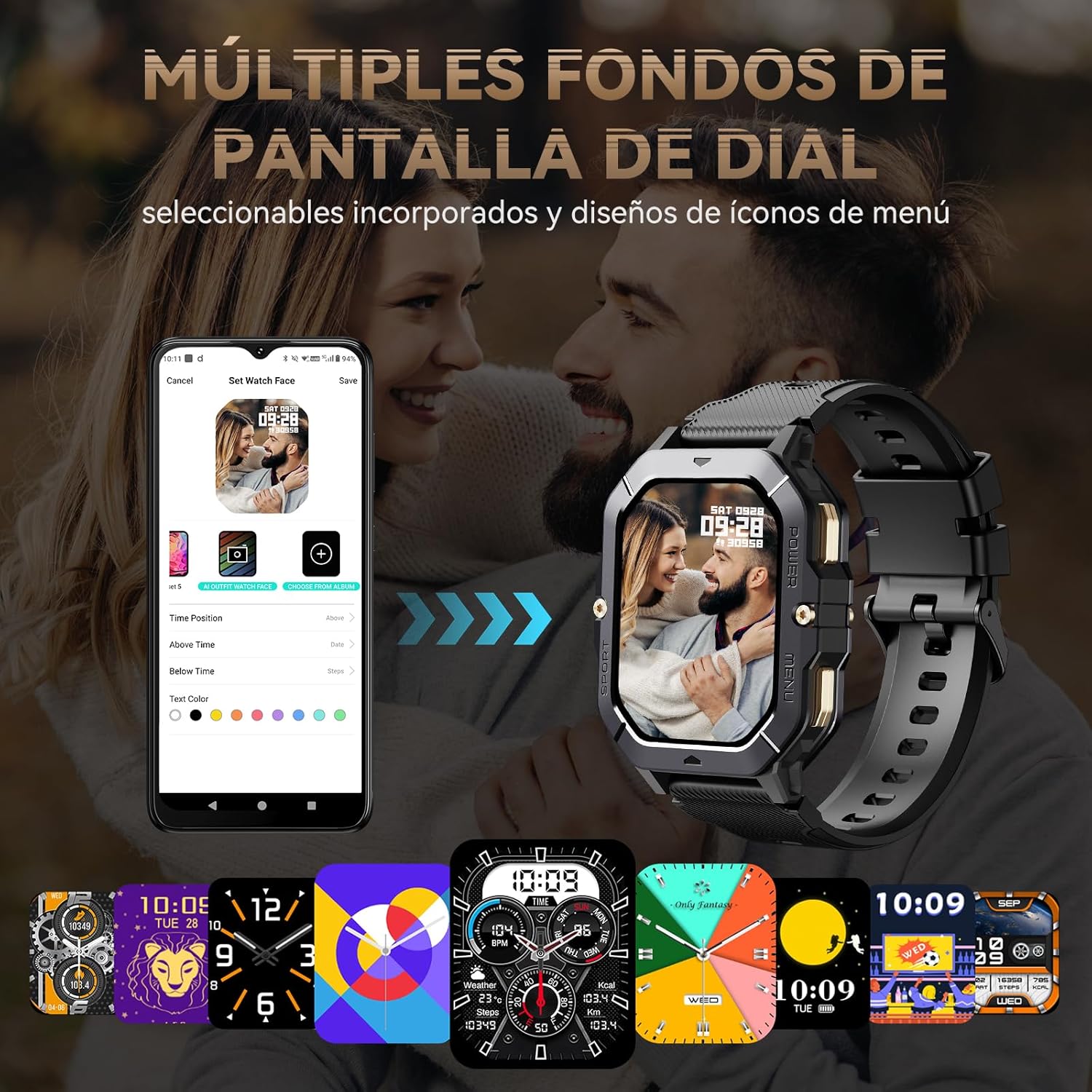 Various customizable watch faces displayed on the CUBOT C28 Smartwatch and a smartphone app interface.