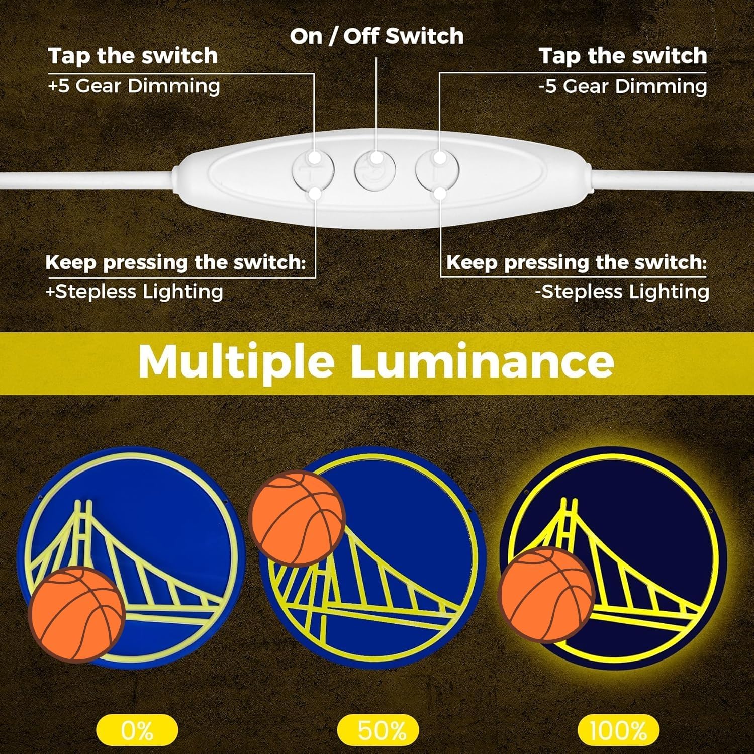 Basketball Team Neon Sign, Sport Light Up Dimmable GSW Basketball Team Logo Hanging USB Powered Led Neon Sign for Wall Decor, Bedroom, Man Cave, Party, Birthday Party Christmas Merch Deco Gift for Boys Teens Fans (Warriors)