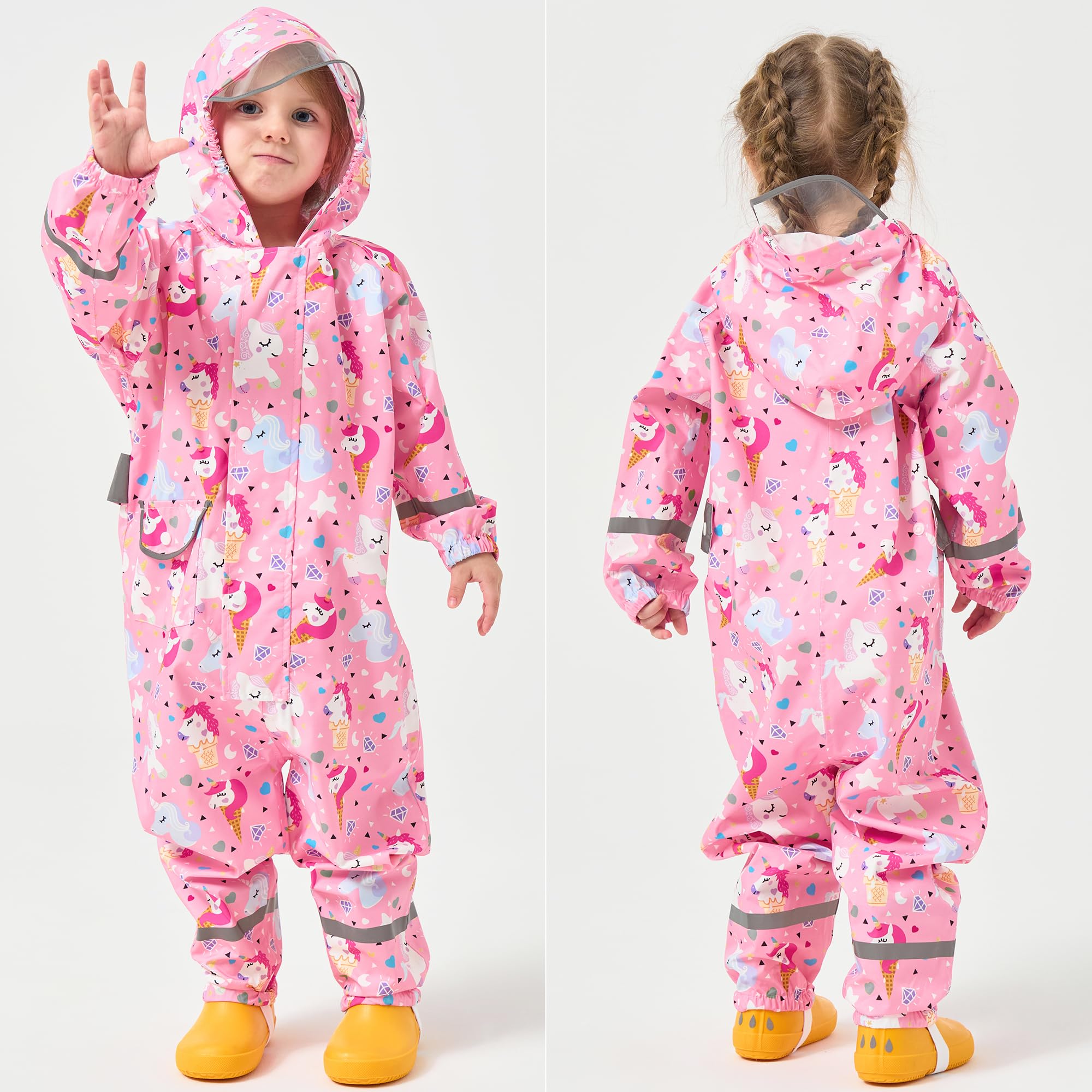 Fewlby Tuta Impermeabile Bambini Tuta Pioggia, Poncho Antipioggia con Cappuccio Bambino Giacche Impermeabili Ragazze Ragazzi Giacche da Pioggia in Cartone Animato per 1-10 Anni