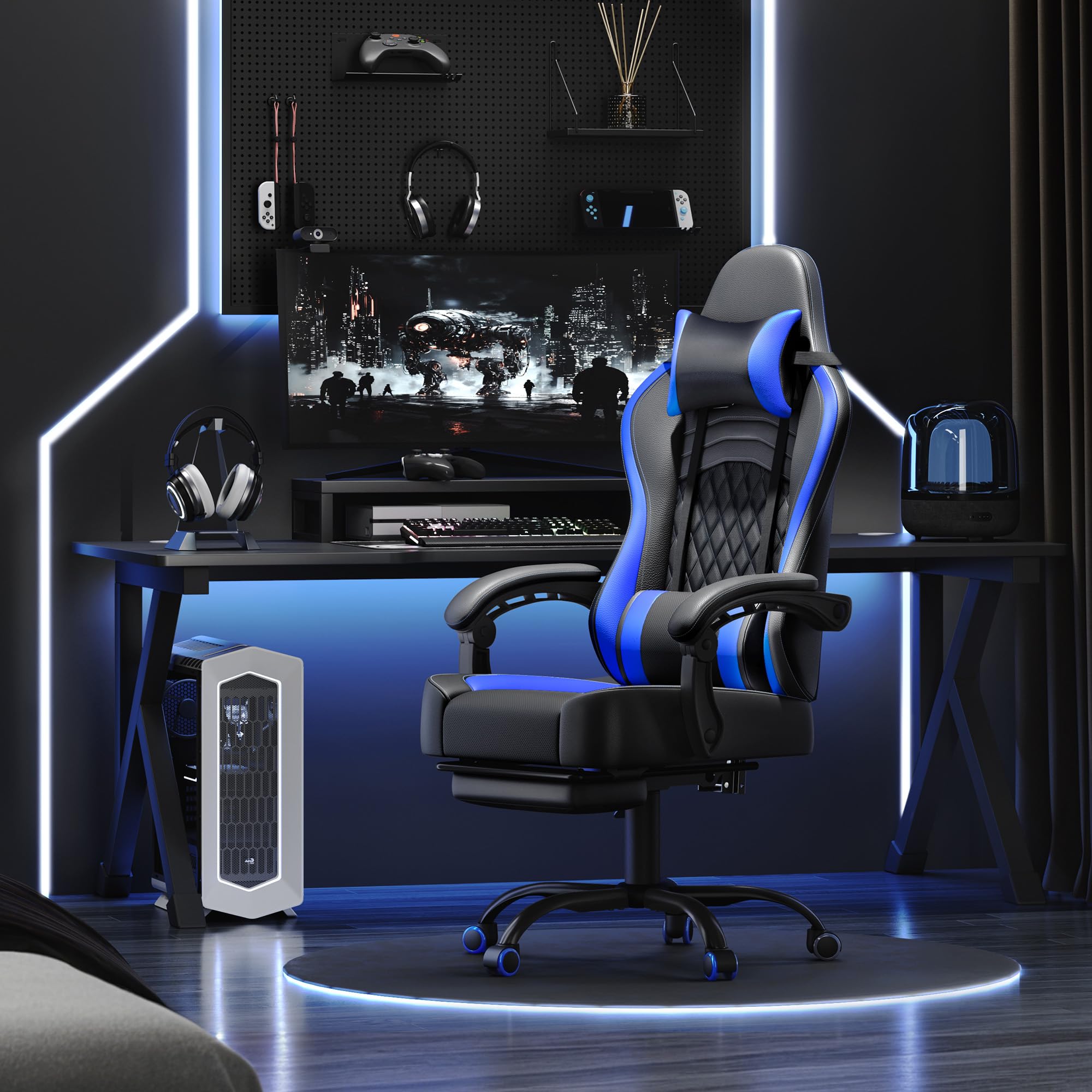 Yaheetech Sedia da Gaming Ergonomica con Cuscino Massaggio Lombare, Schienale Reclinabile e Poggiapiedi Estraibile, Sedia da Ufficio Girevole con Braccioli Imbottiti e Poggiatesta Rimovibile (Blu)