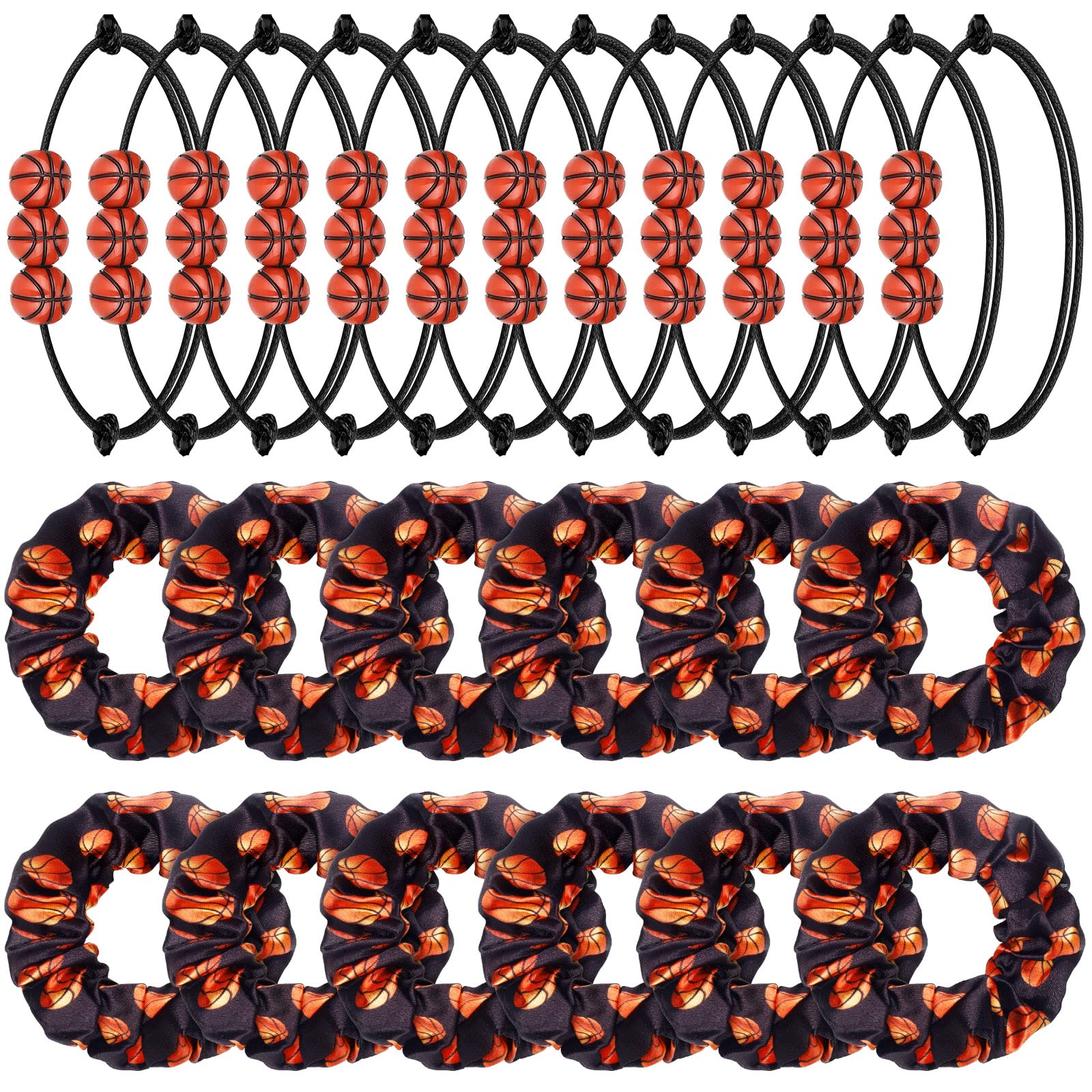 24 Pcs Adjustable Hair Scrunchies with Basketball Charms, Sport Beads, and Elastic Hair Ties for Teen Girl Players and Athletes