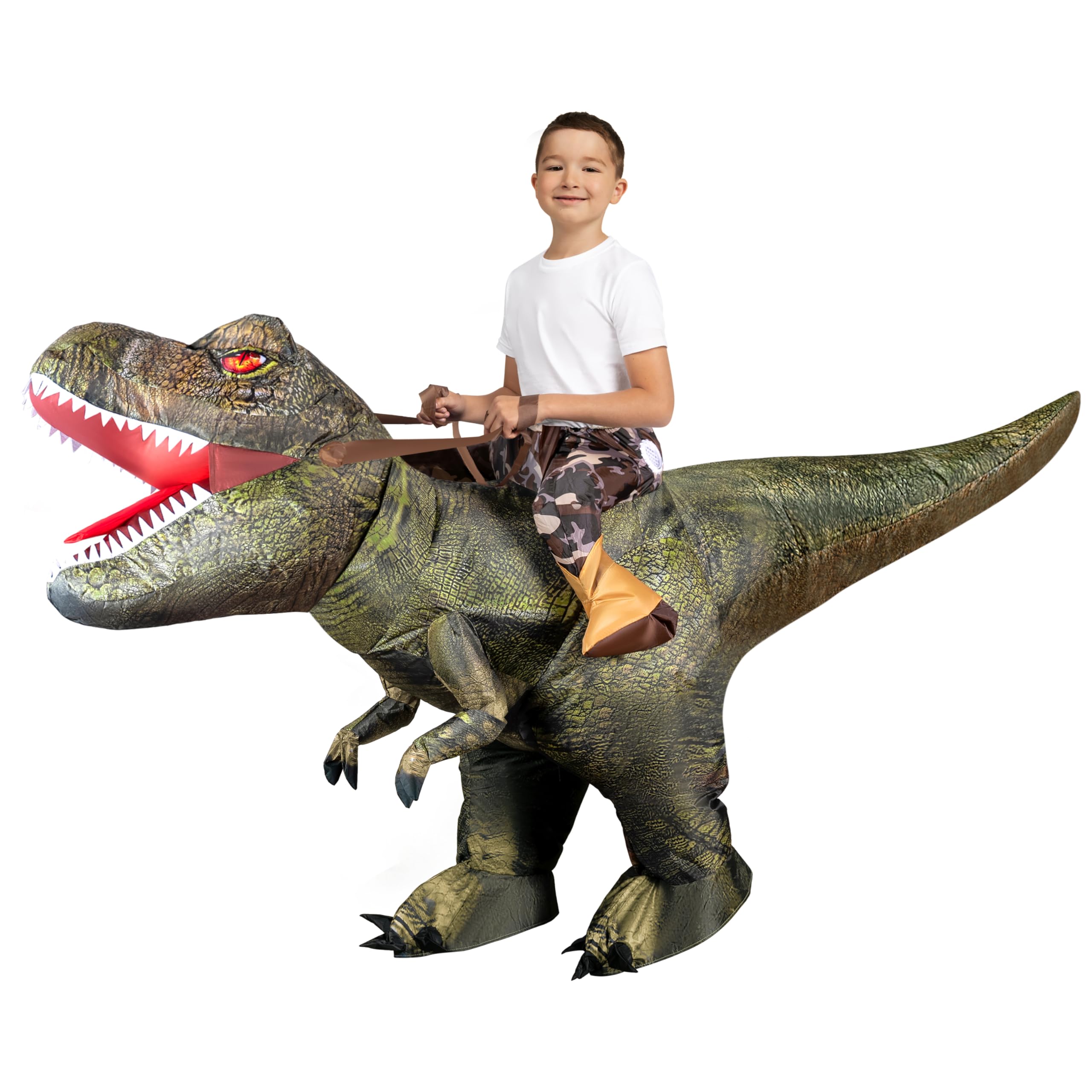 Spooktacular Creations T-Rex Nadmuchiwany kostium dla dzieci, zabawny kostium dmuchany powietrzem, druk cyfrowy, kostiumy do jazdy