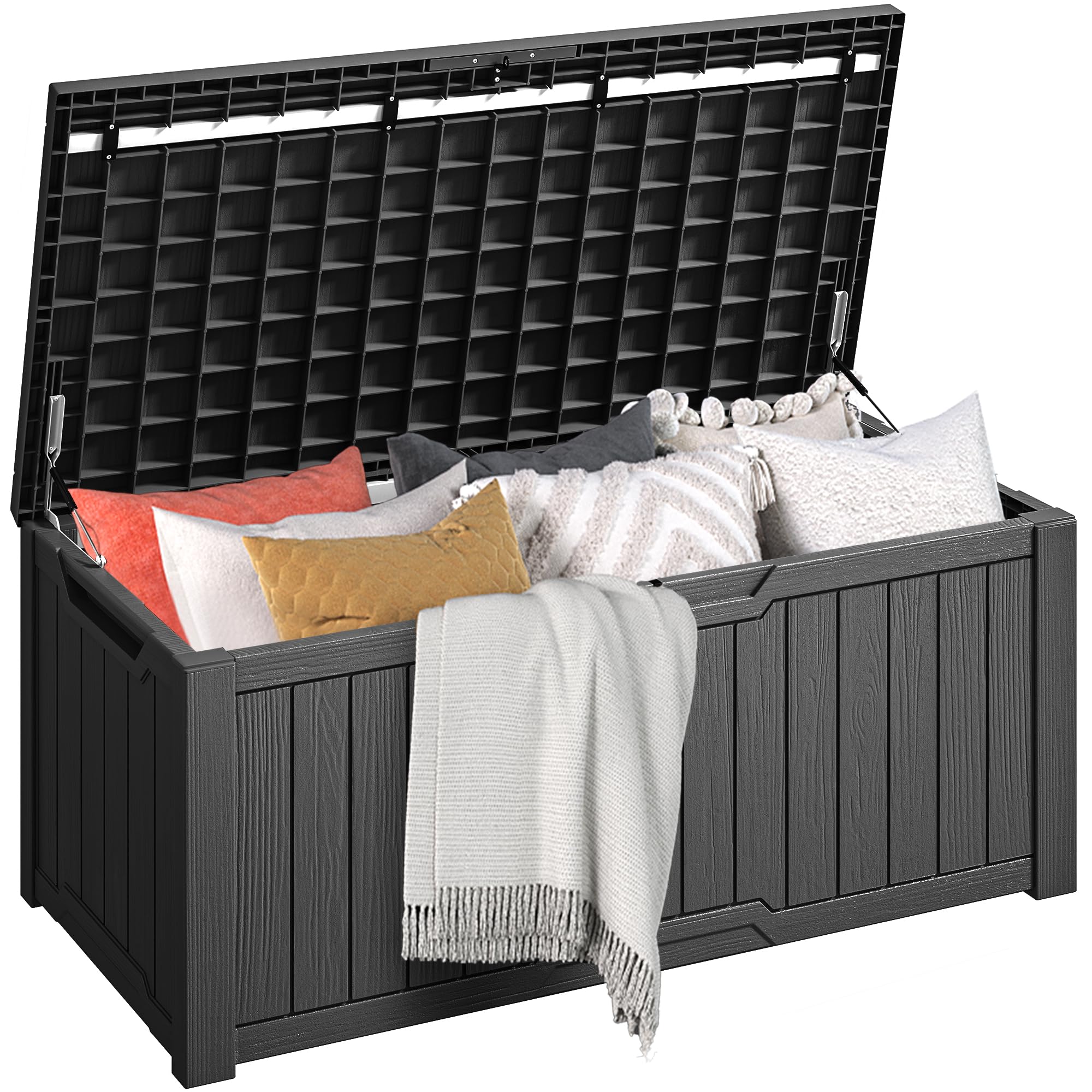 DWVO Outdoor Garden Storage Box|450L 142.1x67.6x60cm|Waterproof||Securely Lockable|Side Carry Handles|All Weather Resistant|Patio Resin Deck Box for Pillows, Equipment,Shoe(Black)