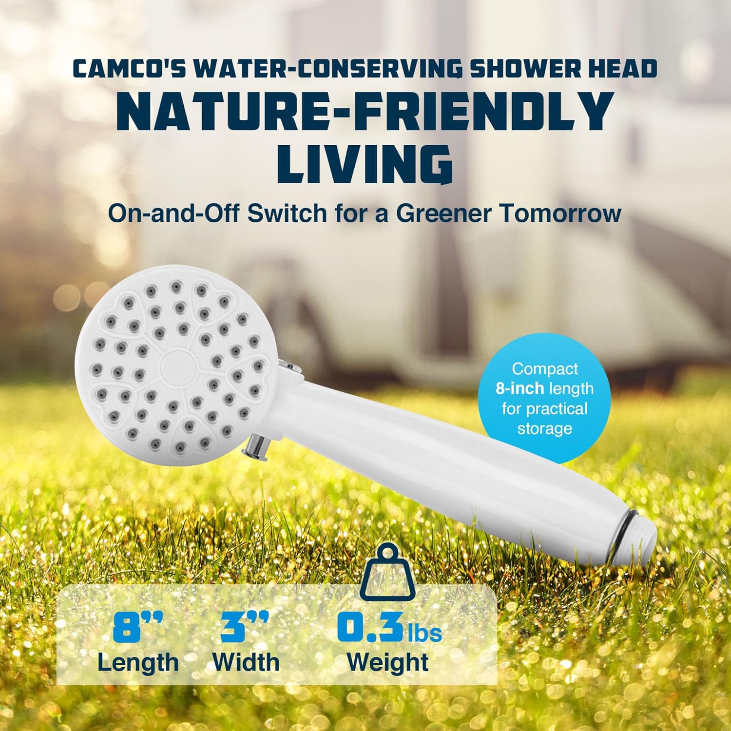 Camco RV Outdoor Shower Head | High Flow Shower Head | Conserve Water with Convenient On/Off Switch | White (44023)
