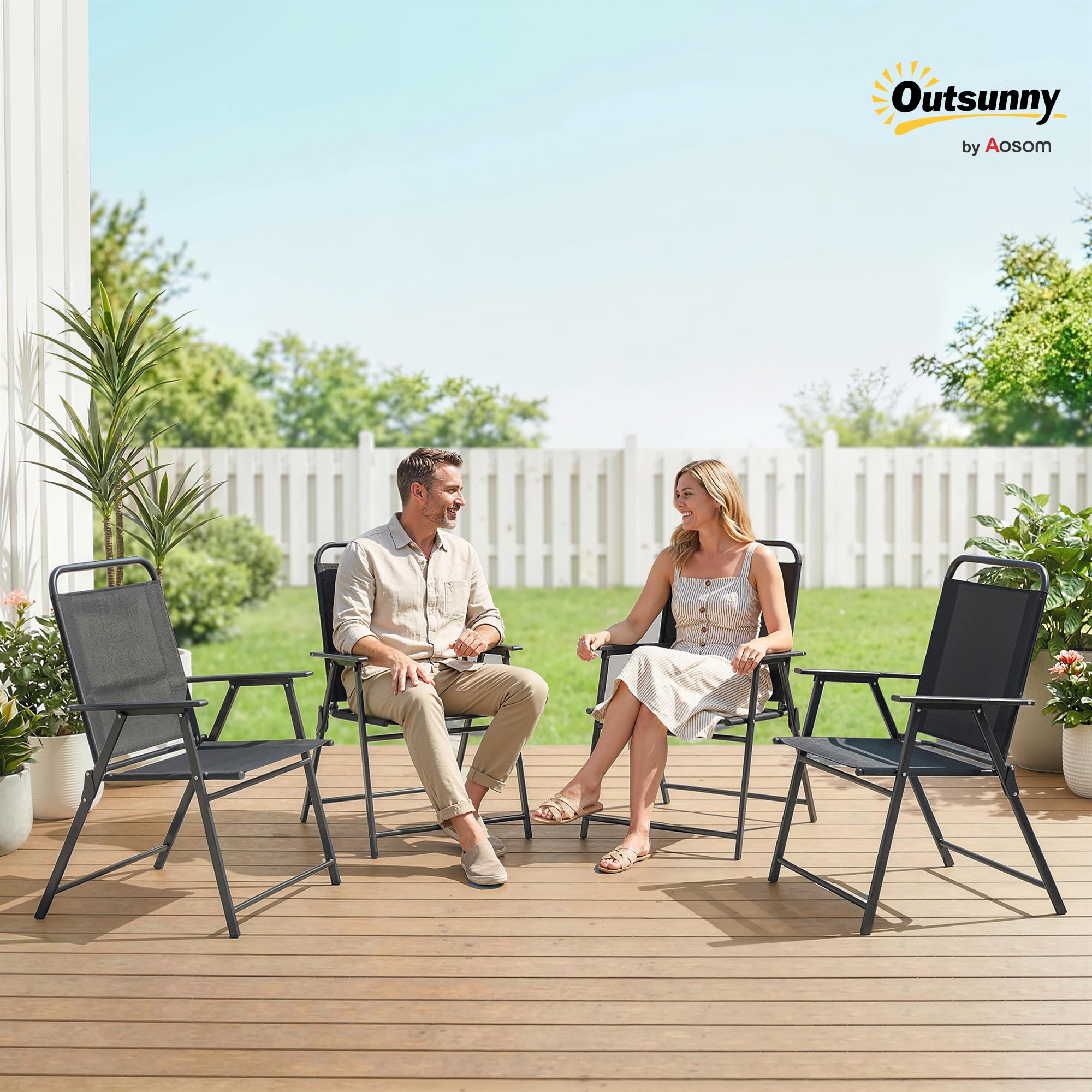 Outsunny Lot de 4 chaises de Jardin Pliantes avec accoudoirs, chaises d'extérieur avec Assise Large en textilène Respirant, Dossier Haut, Cadre en Acier Robuste, pour Patio, Balcon, terrasse, Noir