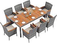 Vista 11 de Flamaker Juego de comedor de 5 piezas para patio, mesa y sillas de madera de acacia al aire libre con cojines suaves, muebles de patio de mimbre