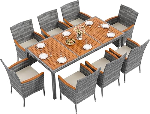 Miniatura 11 de Flamaker Juego de comedor de 7 piezas para patio, mesa y sillas de madera de acacia al aire libre con cojines suaves, muebles de patio de mimbre