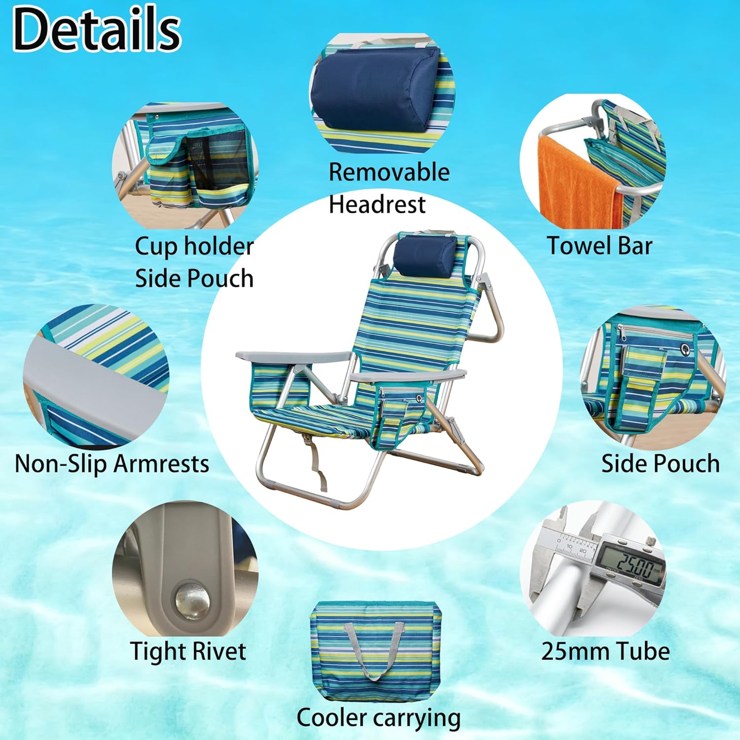 Aluminum Backpack Low Profile Beach Chair - 5-Position Lay Flat Reclining Folding Chair with Removable Cooler Bag - Heavy Duty 330 lbs Capacity, Lightweight Portable Sand Seat - Striped Green - Image 4