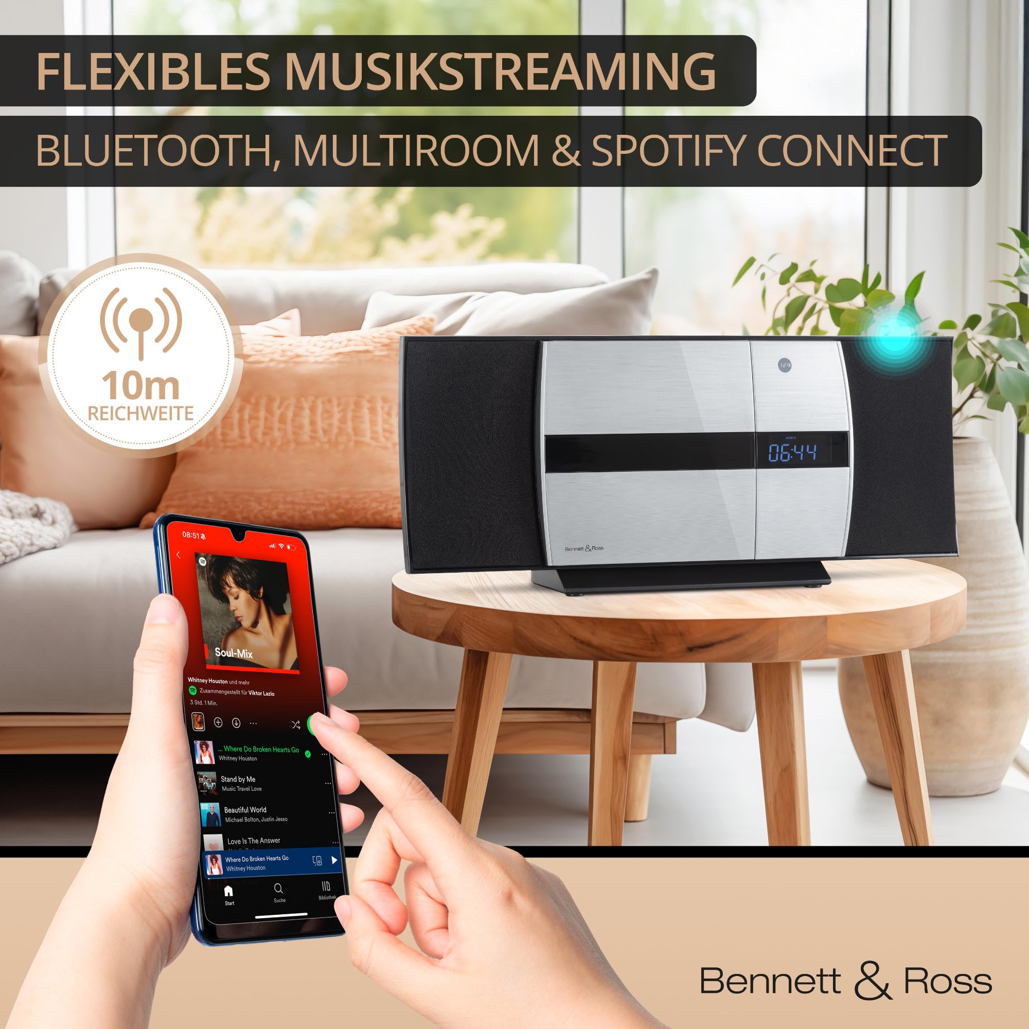 Bennett & Ross Ålesund Microchaîne hi-fi avec lecteur CD, MP3, UKW, USB, Bluetooth NFC - Installation murale ou sur pied - Argenté