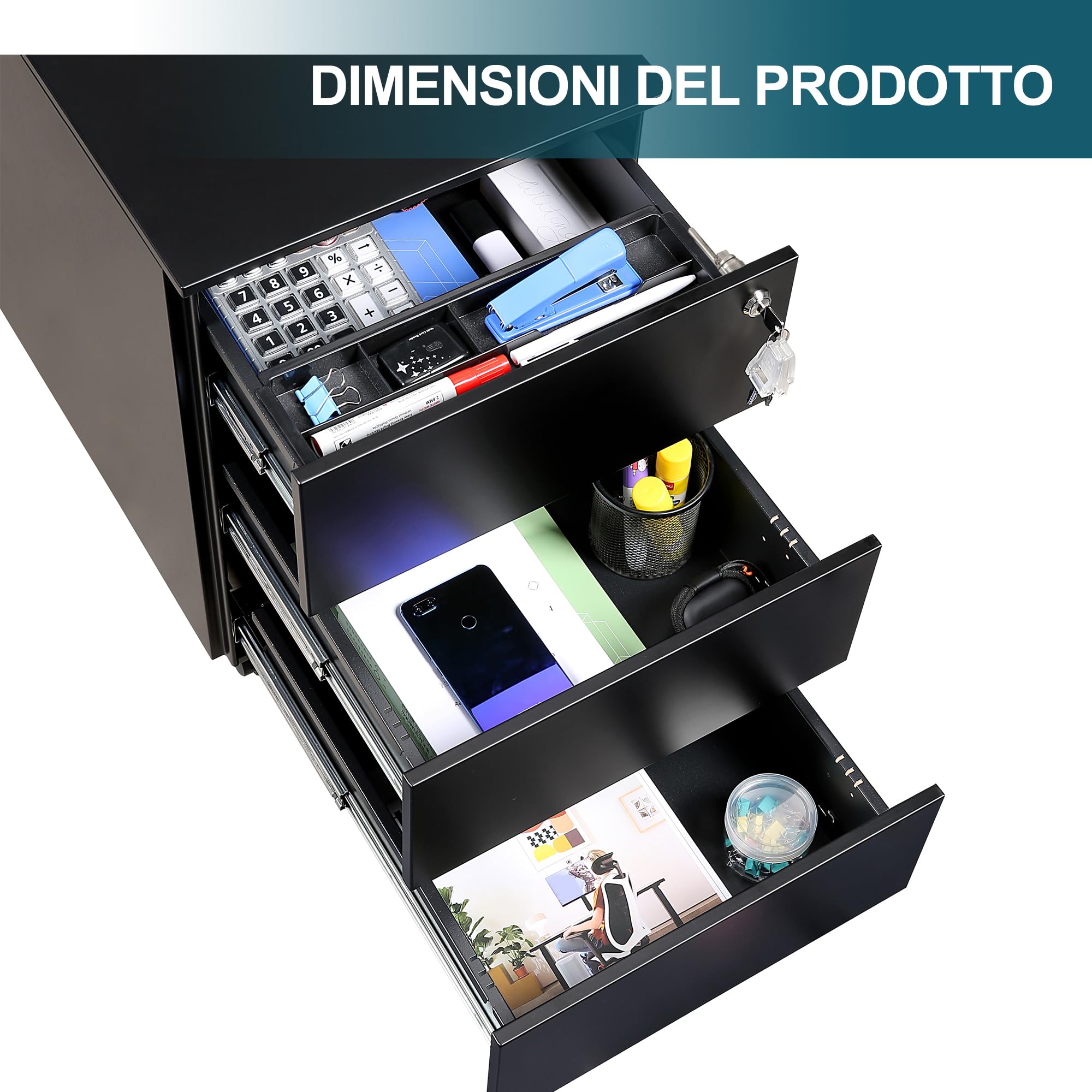 Cassettiera da Ufficio con 3 Cassetti, Scrivania con Ruote, Armadietti in Metallo, Completamente Assemblato, Nero, Ufficio, Studio