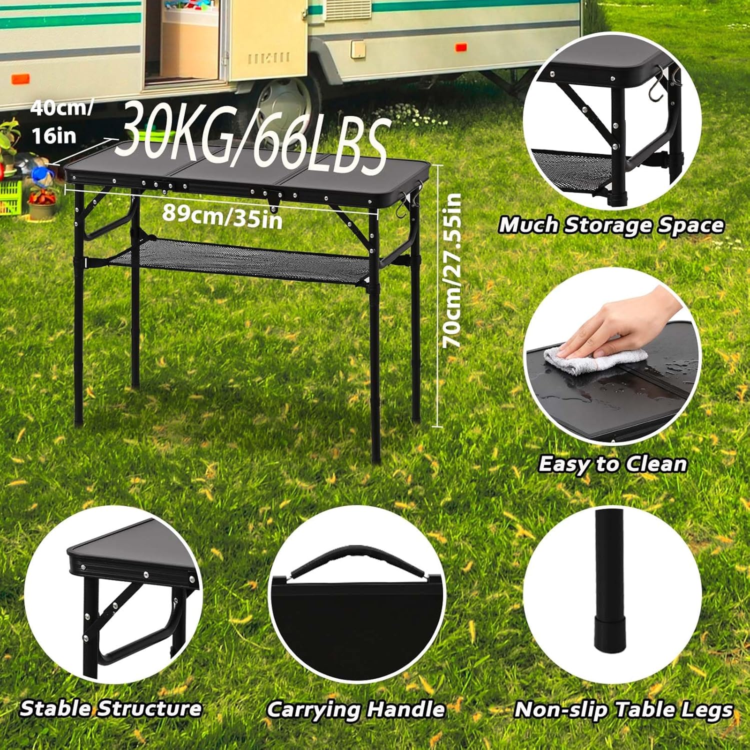 Folding Picnic Table with Storage Net, Matte Black Aluminum Folding Table 35" x 16", Adjustable Height Max 27.5", Lightweight Portable for Camping Travel Grill Indoor