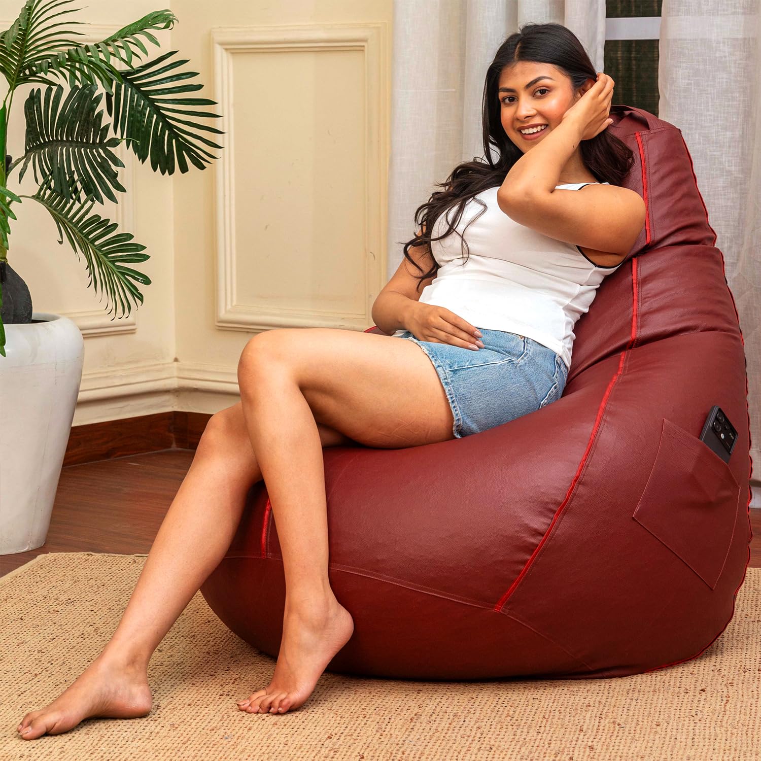 Sattva Faux Leather Classic XXL Bean Bag Filled with Beans | Comfortable, Durable & Stylish | Perfect for Bedroom, Playroom, Living Room, or Dorm Room – Tan with Red Piping-image-2