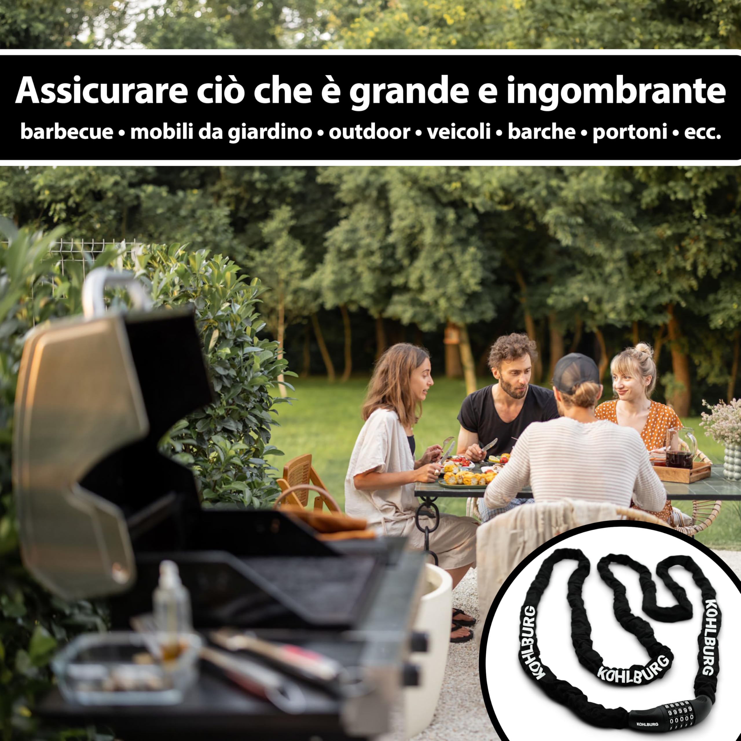 KOHLBURG Catena antifurto 5 m extra lunga con combinazione numerica, 500 cm & acciaio speciale 6 mm con a codice, lucchetto a combinazione 5 m per bici, e-bike, e‑scooter, mobili da giardino, barca
