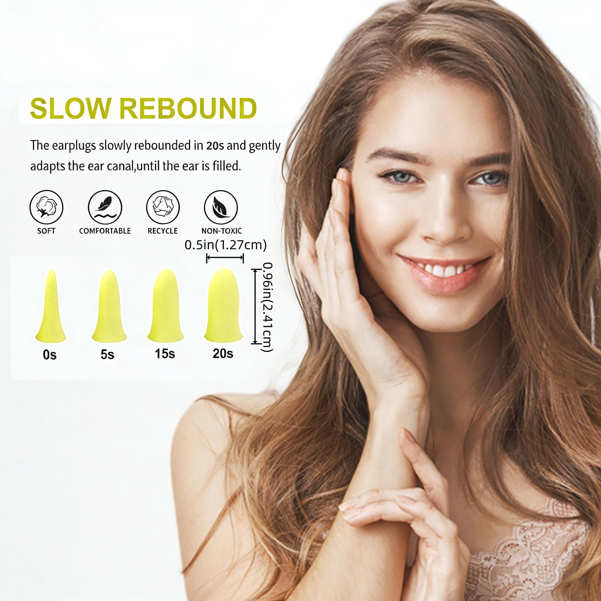 60paia di tappi per le orecchie in schiuma, design ergonomico, morbidi tappi per le orecchie per dormire, 35dBSNR con cancellazione del rumore, ipoallergenici per concerti musica ad alto volume giallo - 4