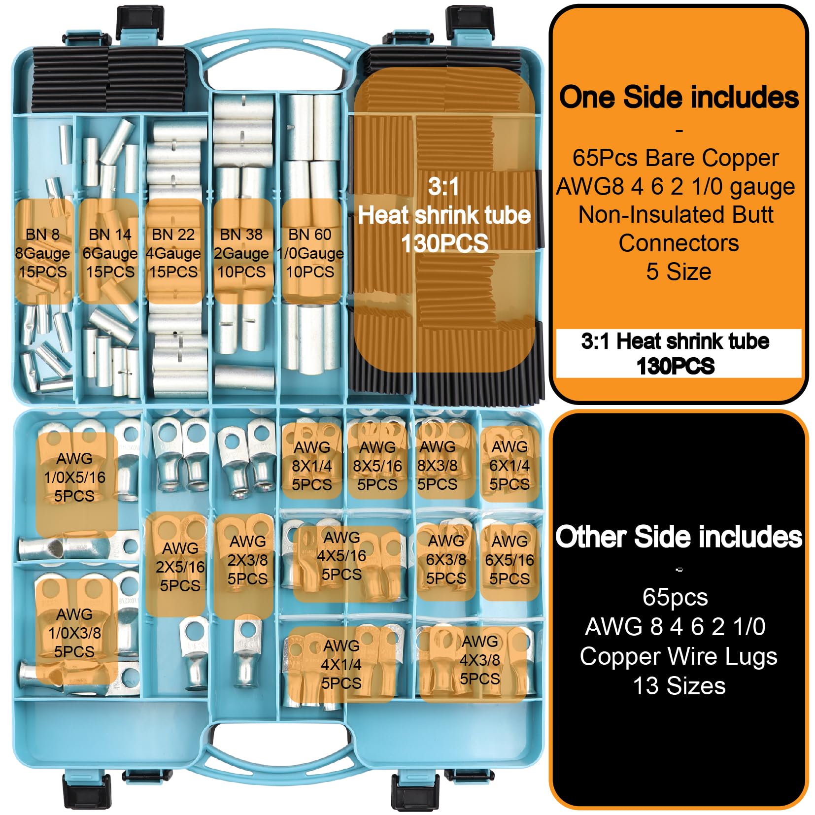 260 Stück AWG8 4 6 2 1/0 Gauge nicht isolierte Stoßverzinnte Klemmen und Batteriekabelverbinder-Set, 65 Stück unisolierte Crimphülsen, 65 Stück Kupferdraht-Enden, 130 Stück 3:1 Schrumpfschlauch