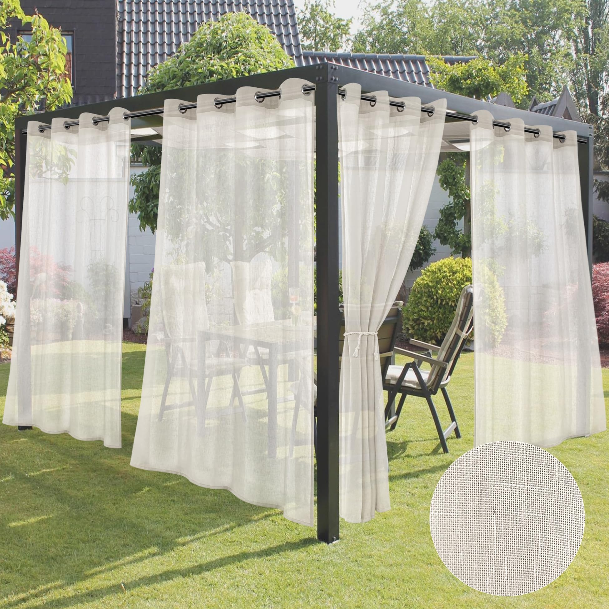 4 Panels Outdoor Sheer Curtains for Patio Waterproof-Ivory Linen Semi Voile Indoor Sheer Curtains, Light Filtering Privacy Drapes for Living Room, Gazebo, Porch, Balcony, Pool 54"x84"