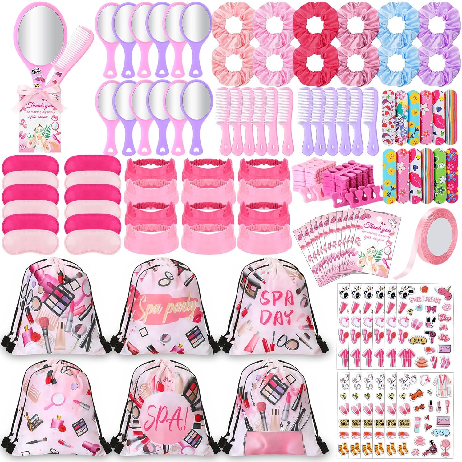 217 Pcs Spa Party Supplies Spa Slumber Sleepover Beauty Party Bulk Drawstring Backpack Sleep Mask Mirror Combs Hair Band Nail File Hair Scrunchies Satin Stickers Greeting Card for 12 Girls