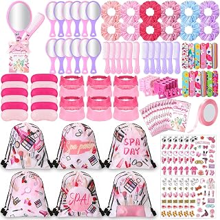 145 Pcs Spa Party Supplies Spa Slumber Sleepover Beauty Party Bulk Drawstring Backpack Sleep Mask Mirror Combs Hair Band Nail File Hair Scrunchies Satin Stickers Greeting Card for 12 Girls