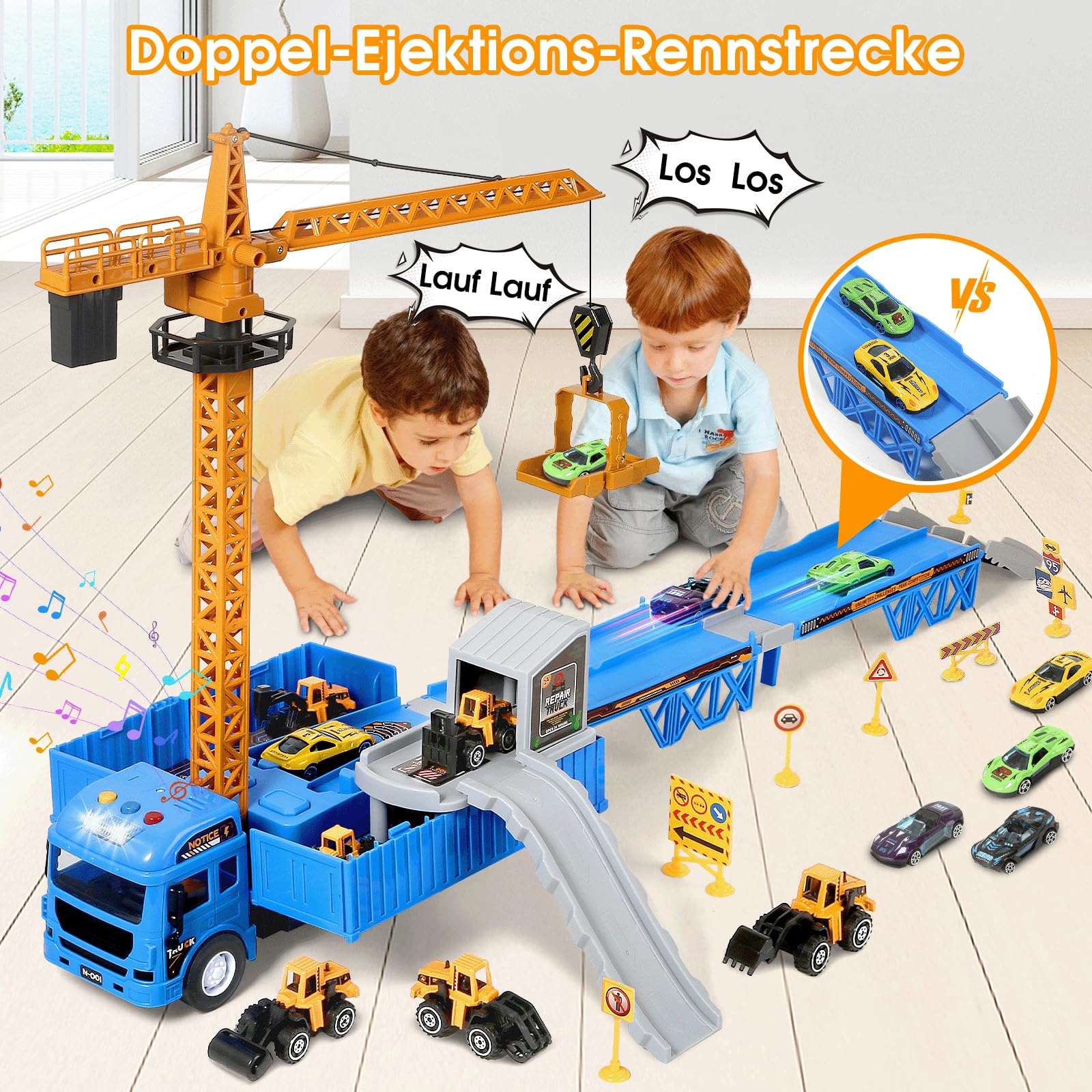 MOONTOY Baustellenfahrzeuge Kinder Kran LKW Spielzeug mit Bagger Drehung | Doppelter Auswurfschiene Bulldozer Dampfwalze Gabelstapler Konstruktionsfahrzeuge für 3 4 5 6 7 Jahre alt Jungen Geschenke