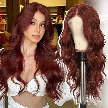 Dark Red Lace Front Wig 13x4 Pre Plucked Synthetic Wavy Wigs for Women Highlight Body Wave Heat Resistant 22 Inch for Daily Party Use