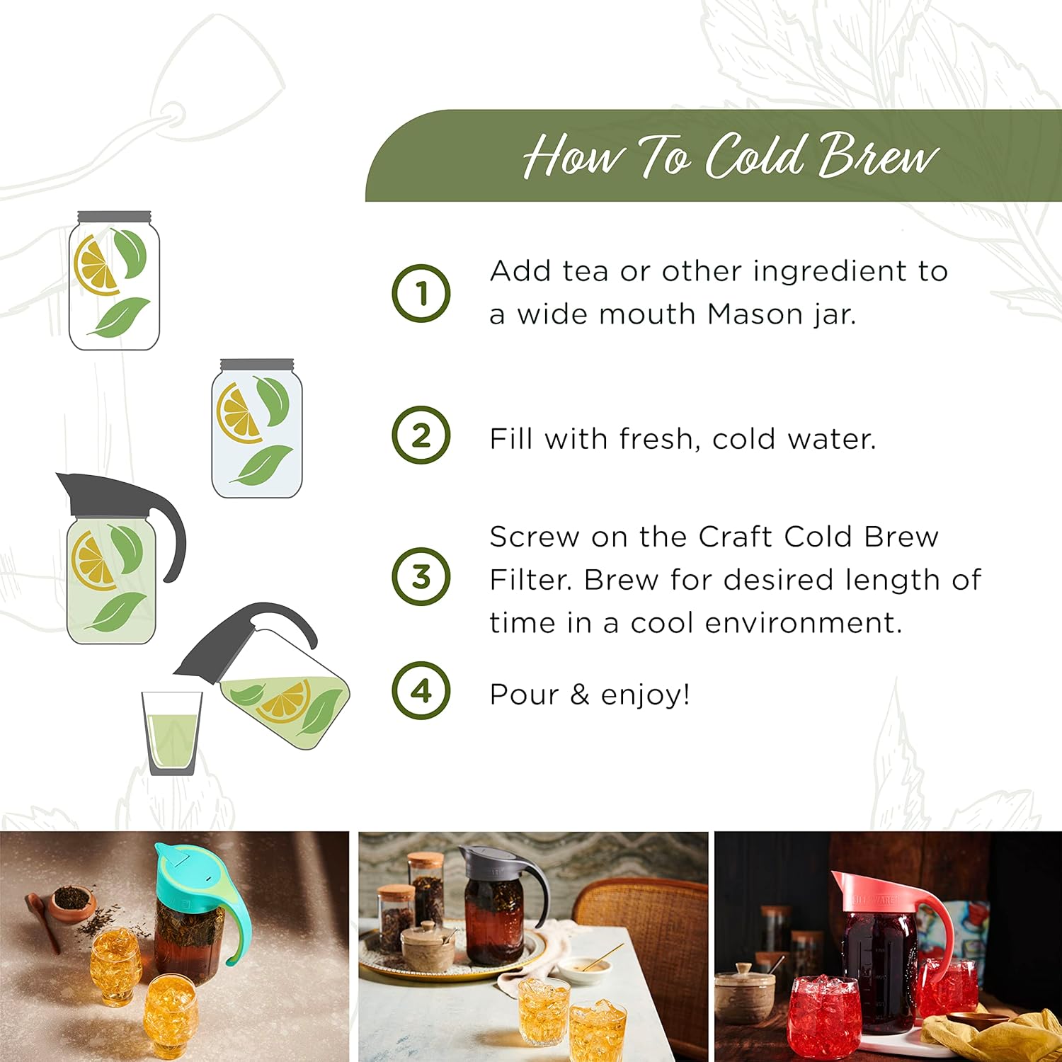 The Tea Spot Tea Tumbler 22 oz with Craft Cold Brew Filter for Wide Mouth Mason Jar (Sweet Strawberry)