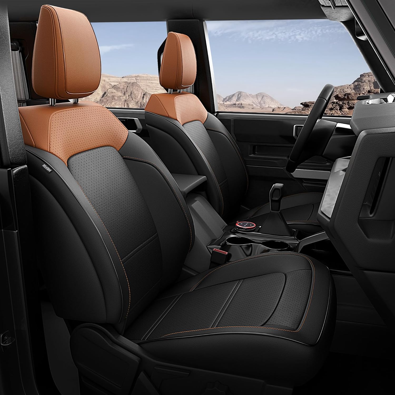 Seat Covers for Ford Bronco 4 Door 2026 2025 2024 2023 2022 2021, 1:1 Customized Fit Breathable Leather Seat Cover, Full Set with Rear Cup Holder, NOT for Raptor (BlackBrown)