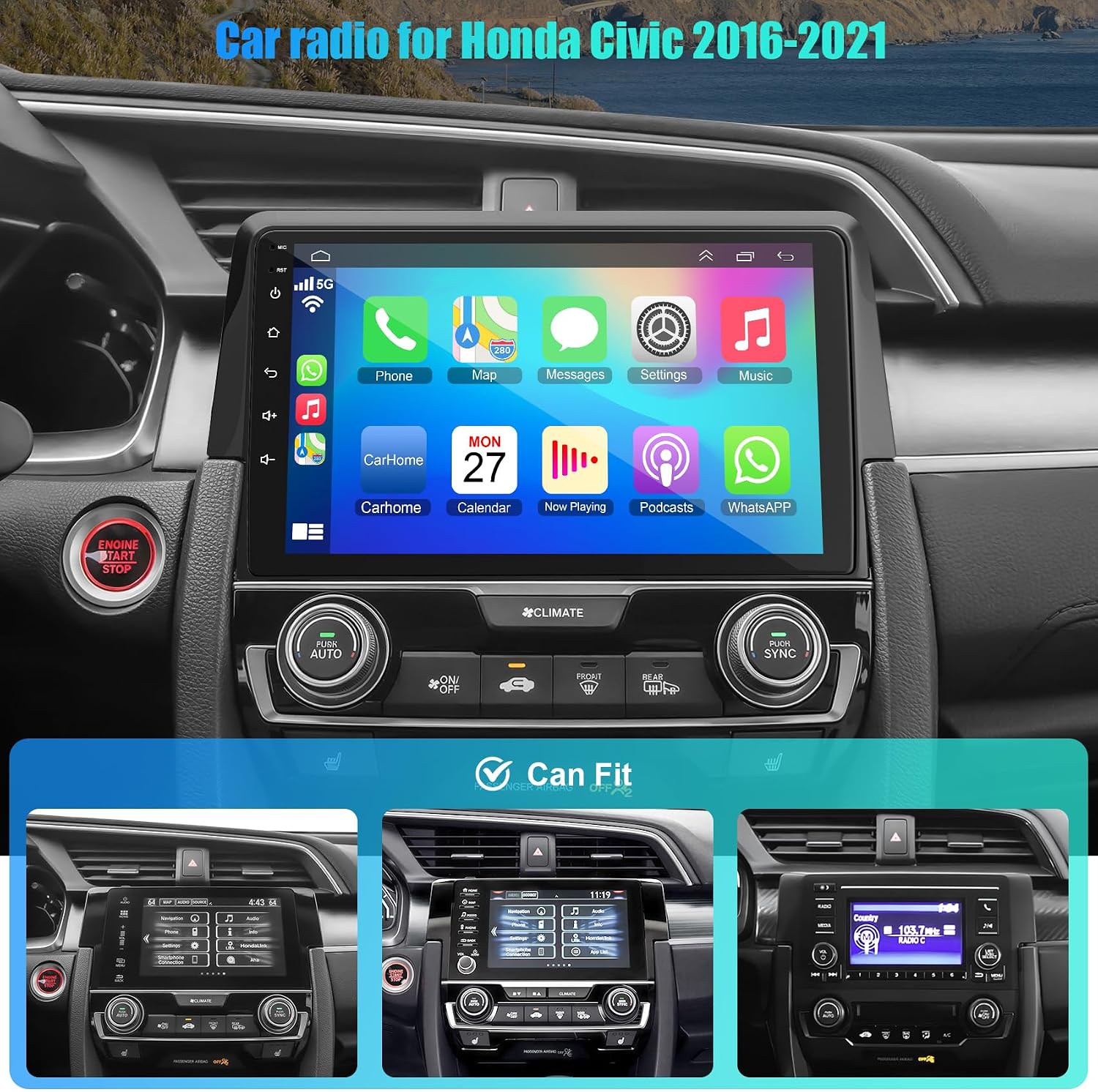 8 core 6GB+128GB Car Radio Stereo for Honda Civic 2016-2021 Built-in carplay Android Auto, 9 inch Android 15 Civic Car Stereo Head Unit with WiFi GPS Navigation Bluetooth Steering Wheel Control