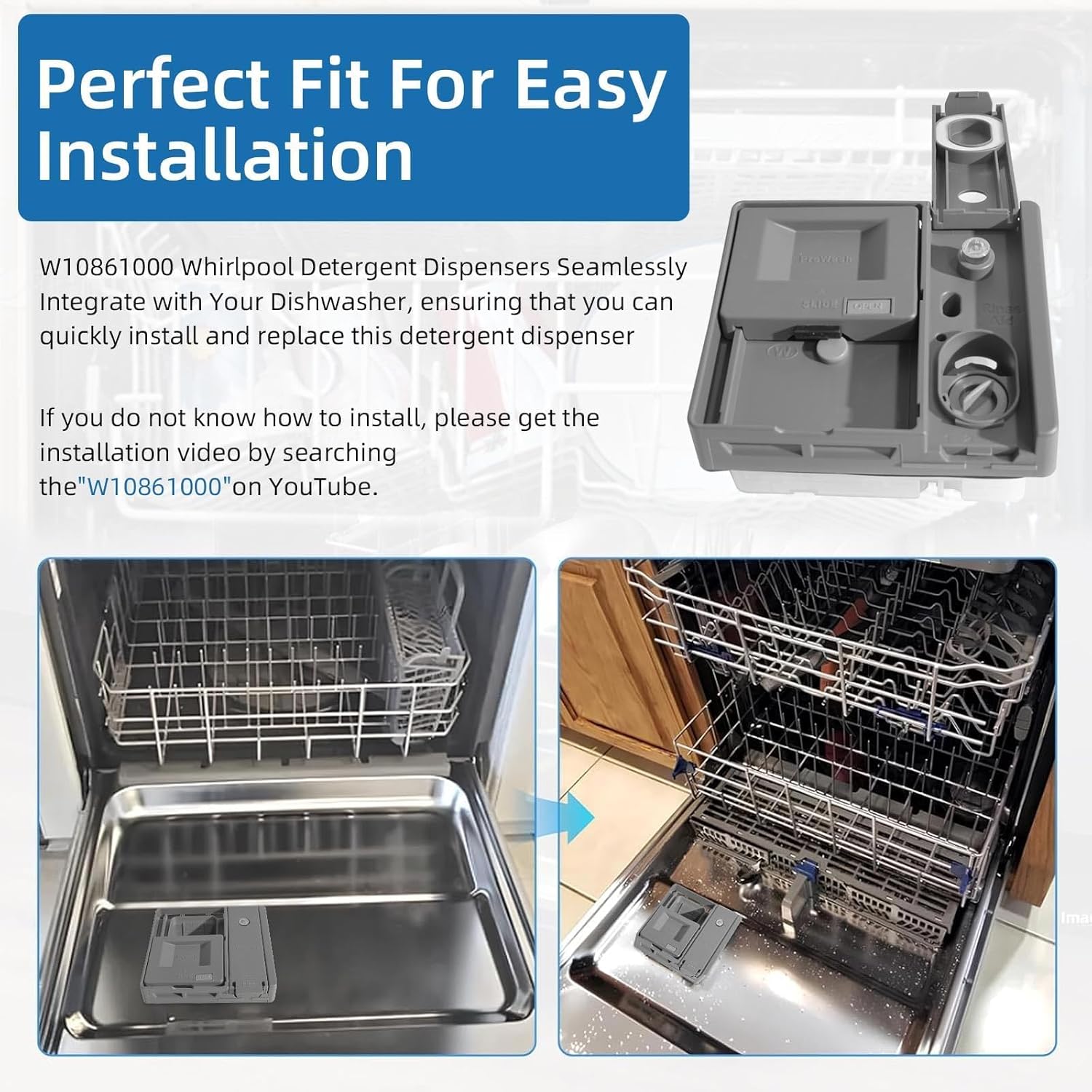 W10861000 W10620296 Dishwasher Detergent Dispenser Fit for Whirlpool/KitchenAid/Maytag, Compatible with W10620296, W10620298, WDT730PAHZ0 etc