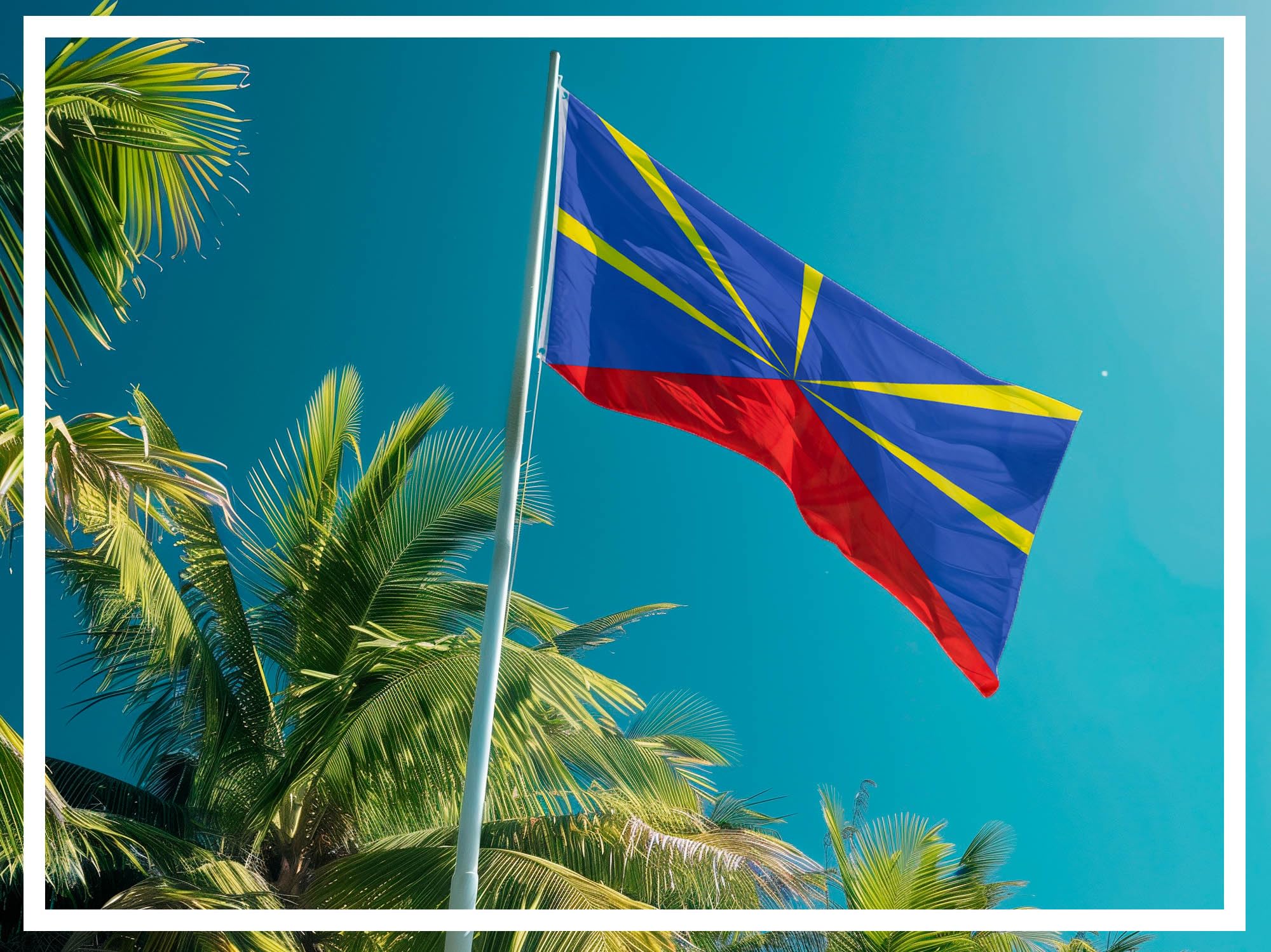 PHENO FLAGS Flaga La Réunion, 90 x 150 cm, odporna na warunki atmosferyczne i rozerwanie, idealna dekoracja dla miłośników Francji, flaga do podnoszenia do użytku wewnątrz i na zewnątrz
