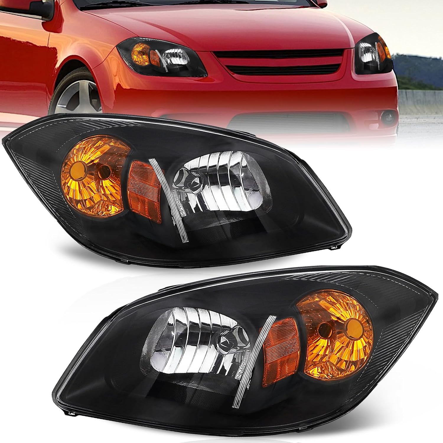 Headlight Assembly Fit for 2005-2010 Chevy Cobalt/2005-2006 Pontiac Pursuit/2007-2009 Pontiac G5 Chrome Housing With Amber Reflector-S