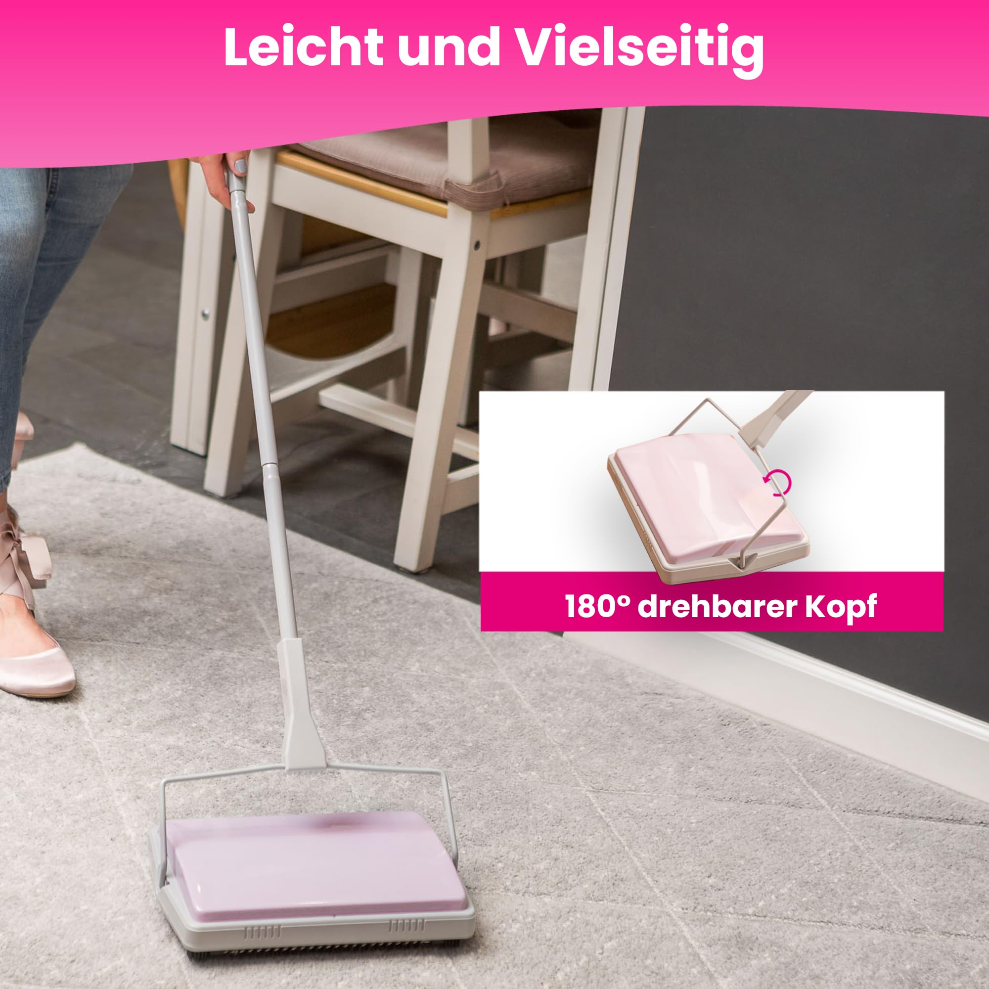 York Miotła mechaniczna wycieczka Miotła do zbierania zabrudzeń Sweep Manual Sweeper Zamiatarka ręczna Mop do dywanów na czterech kołach miękki cienki i kompaktowy szaro-różowy