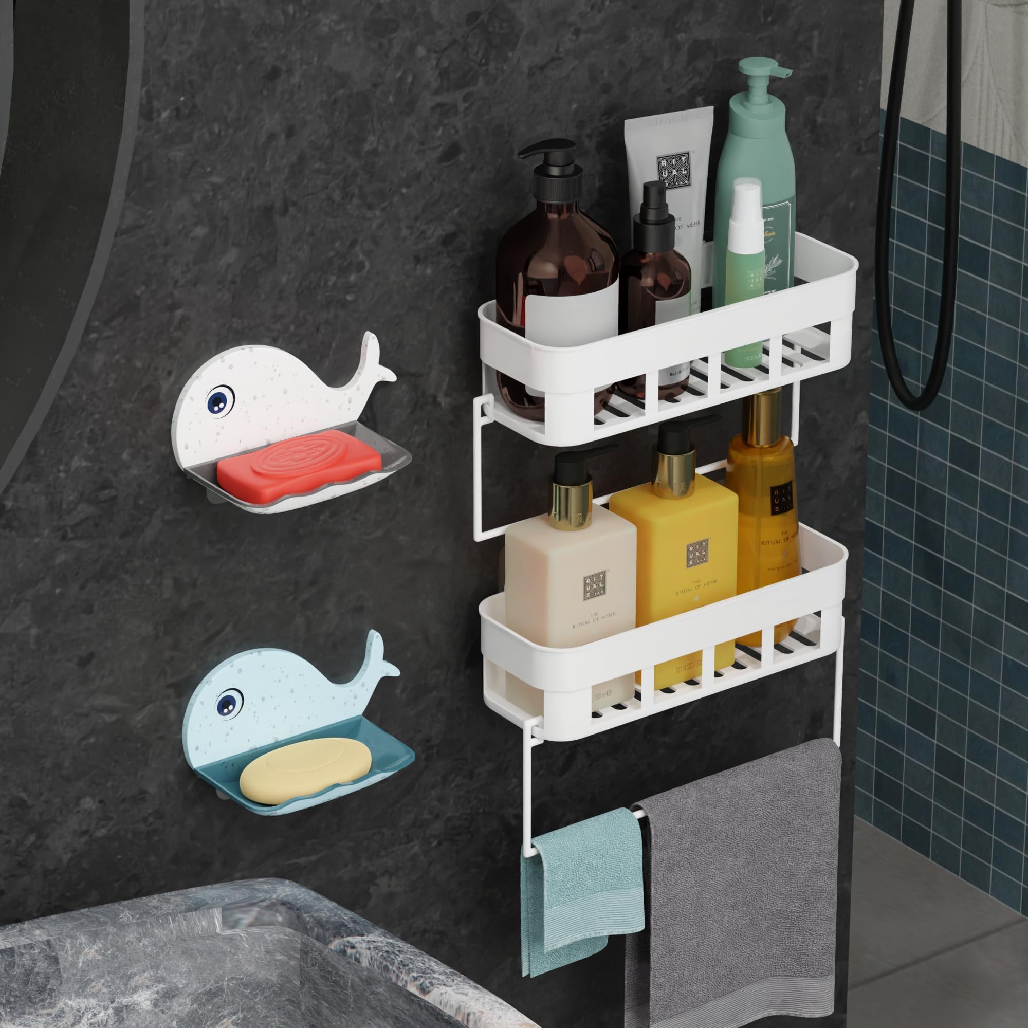 QXORE Bathroom Accessories, Bathroom Organizer, Wall Mounted Shelf, Wall Mounted Shelf, Bathroom Hardware and Accessories Shelf with Soap Dish Holder (2 Shelf + 2 Fish SOAP Dish + 2 Hanger)