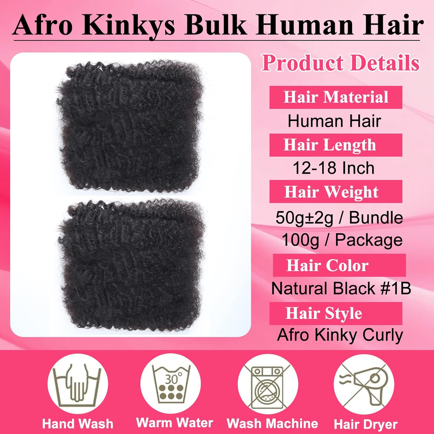 Afro Kinkys Bulk Human Hair for Braiding 2 Bundles 18 Inch 100g Afro Kinky-Curly Human Hair Bulk for Twist No Weft 4c Kinky Curly Bundles for Braids Micro Locs Dreadlock Extensions Nature Black
