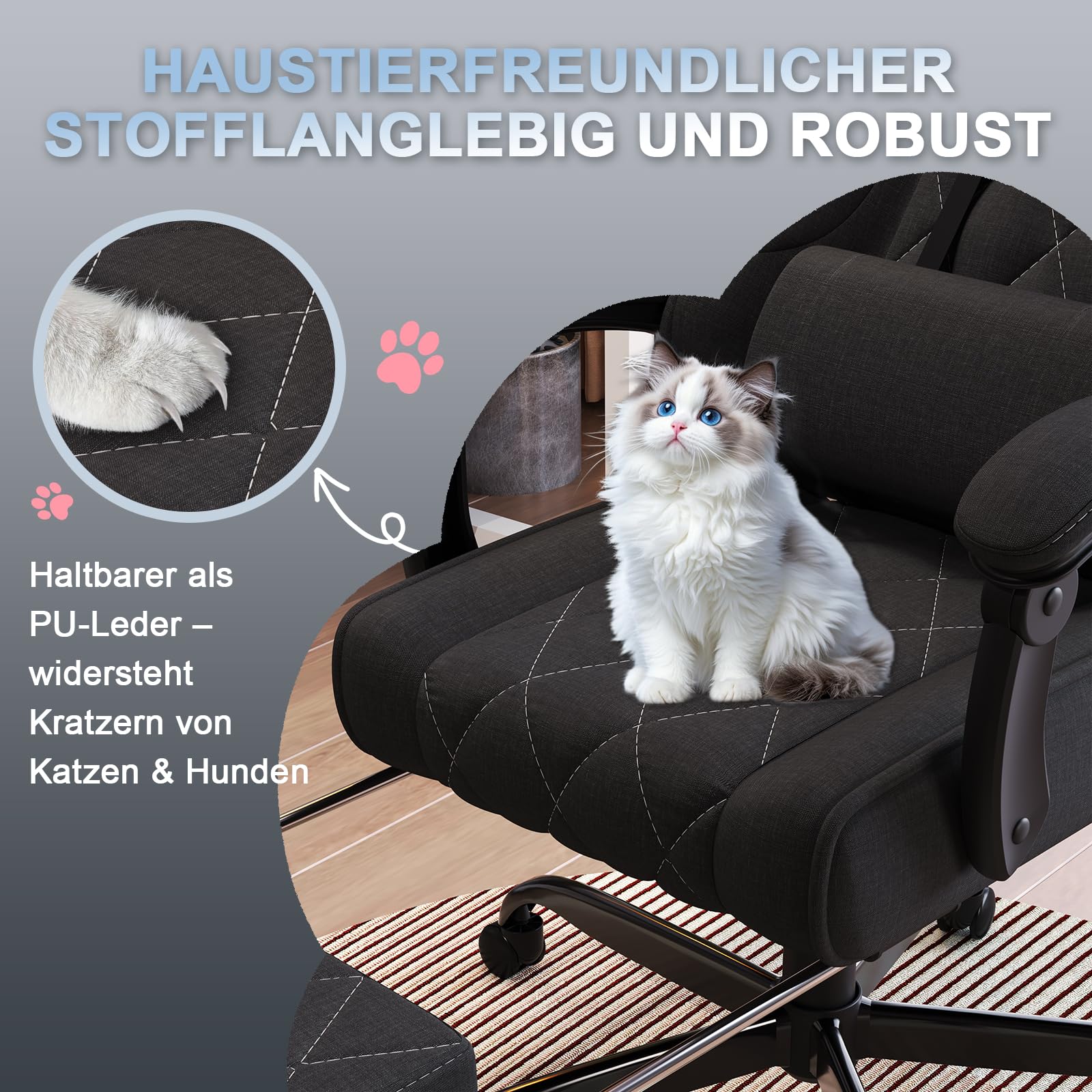 Devoko Gaming Stuhl Stoff ergonomisch mit Massagefunktion und Fußstütze, Taschenfederkernpolster, 135° verstellbar, atmungsaktiv für Home Office oder Gaming Zimmer schwarz