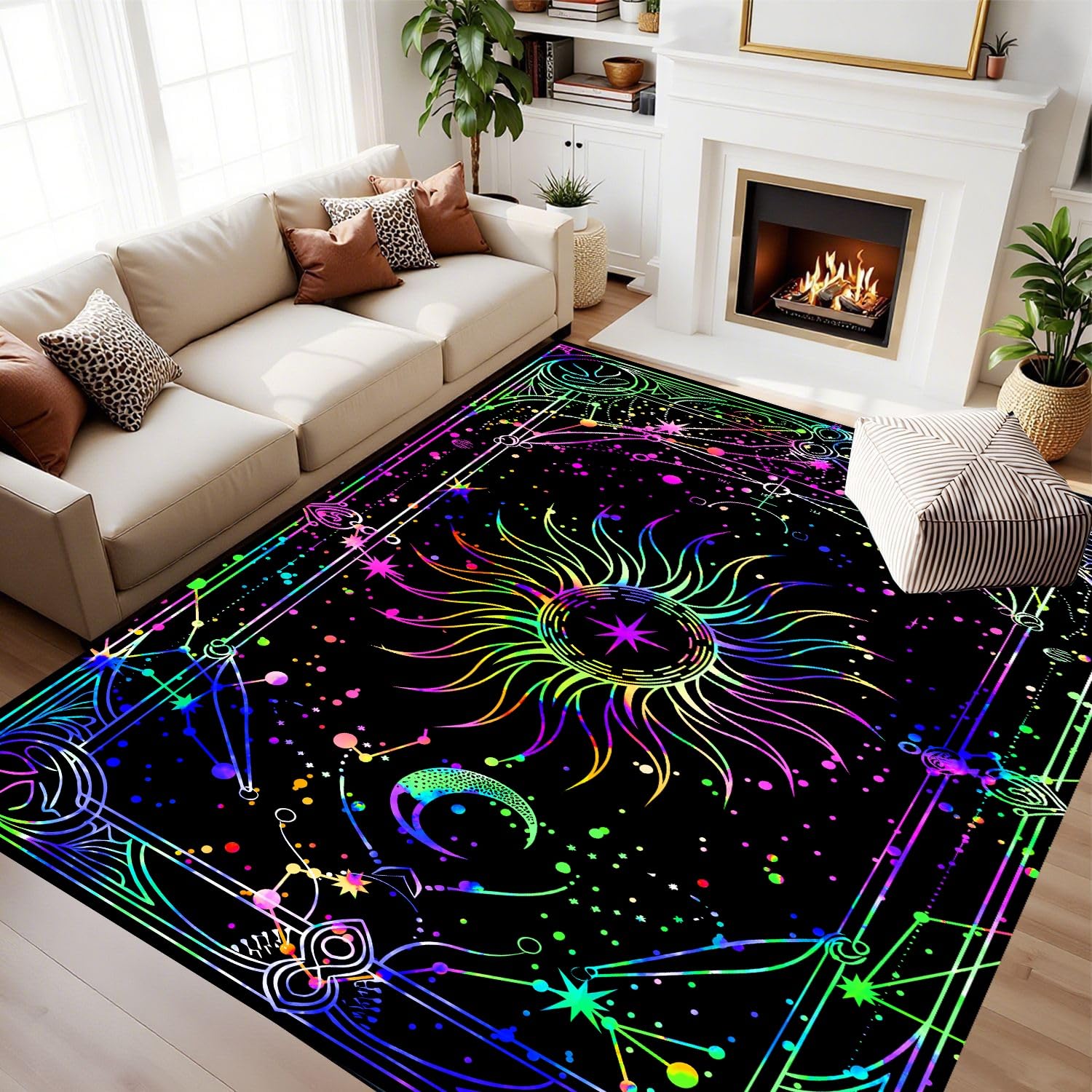 Colorful Geometric Area Rug, 180x260cm Mystical Aesthetic Print Featuring the Sun, Moon Phases Constellations, Abstract Art Decorative Accent Carpet Non-Slip, Washable, Soft Low-Pile Large Rugs