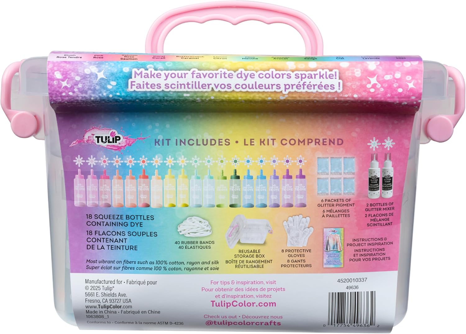 Tulip Glitter Tie-Dye Tub, Design Your Looks, Make Your Favorite Colors Sparkle, Includes 18 Easy-Squeeze Dye Bottles Glitter Pigments Mixers, Easy Storage Box, All-in-One Party Activity Kit 76 pieces