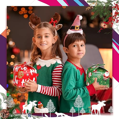 Miniatura 4 de Qilery 100 cajas de regalo pequeñas de Navidad 3D con lazo de 3.94 x 3.94 x 3.15 pulgadas, cajas de papel de Navidad, muñeco de nieve, cartón,