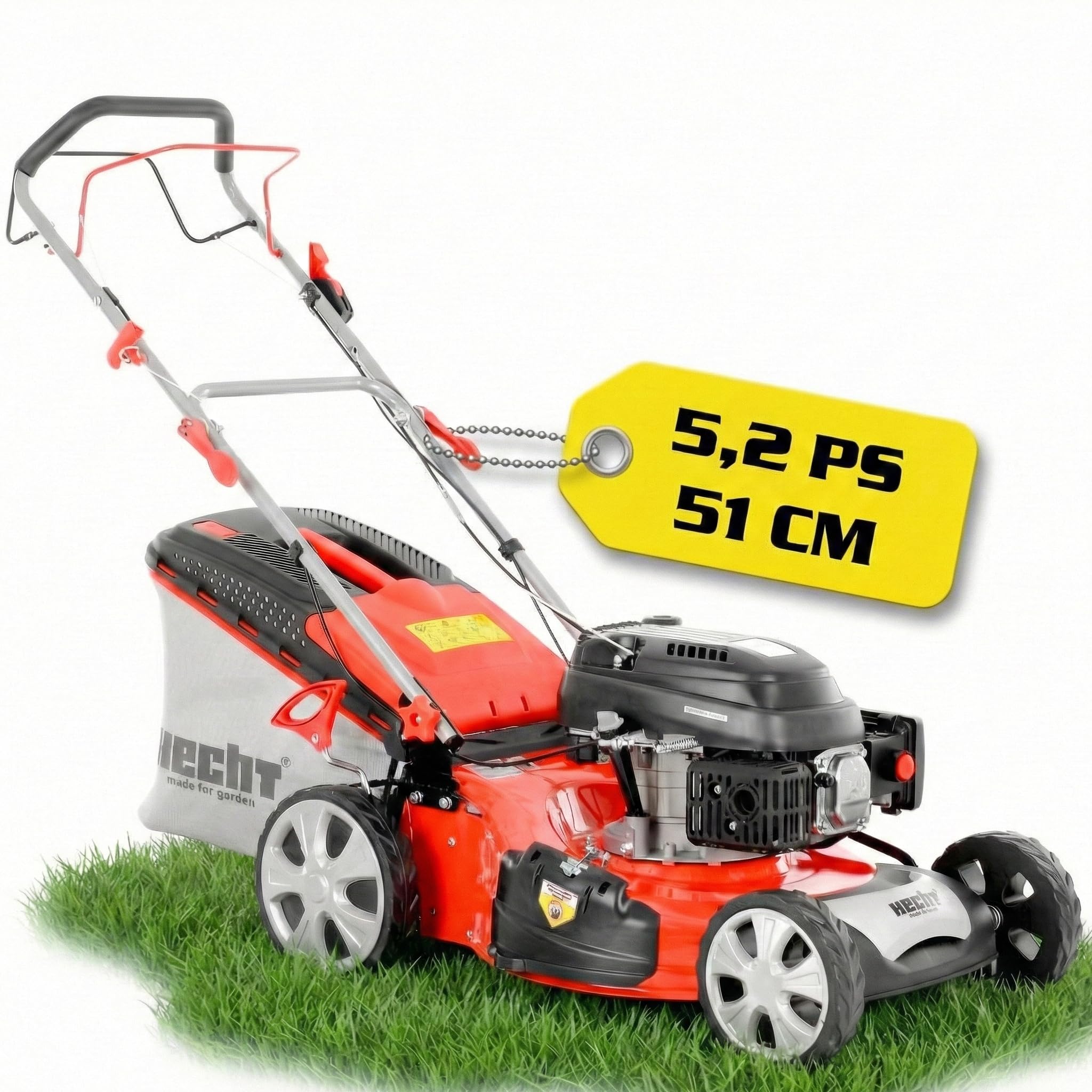 HECHT Benzin Rasenmäher 51 cm mit Antrieb 5,2 PS | 5-in-1 Mulchfunktion, Seitenauswurf, 70L Fangkorb, Benziner für Gärten bis 1500 m²