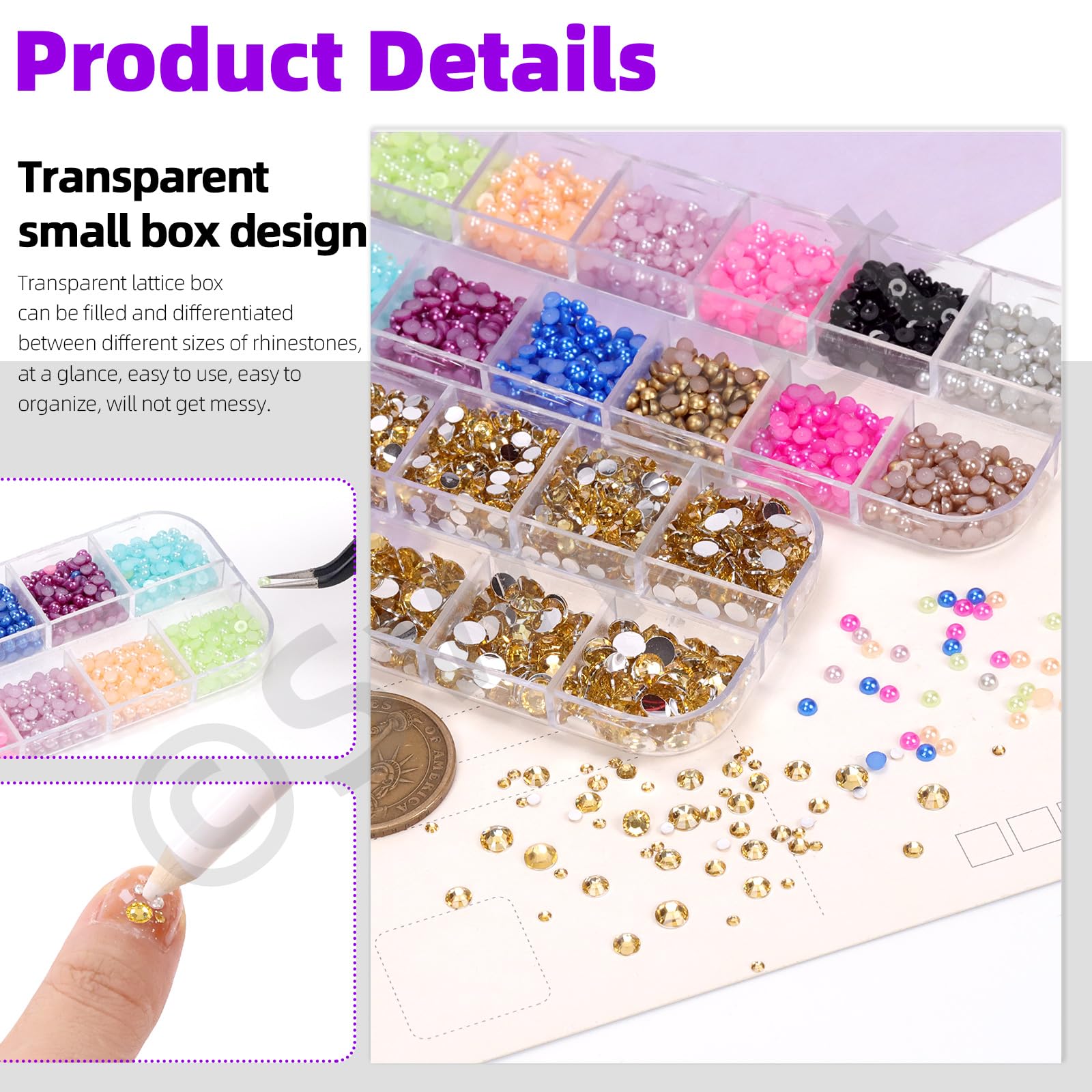 Swpeet 4403 PCS 2mm 3mm 4mm 5mm jaune cristal plat strass et 12 couleurs 3mm demi - cercle arrière plat Pearl combo Kit, y compris tweezer dot Tool Picking Pen, idéal pour la manucure bricolage