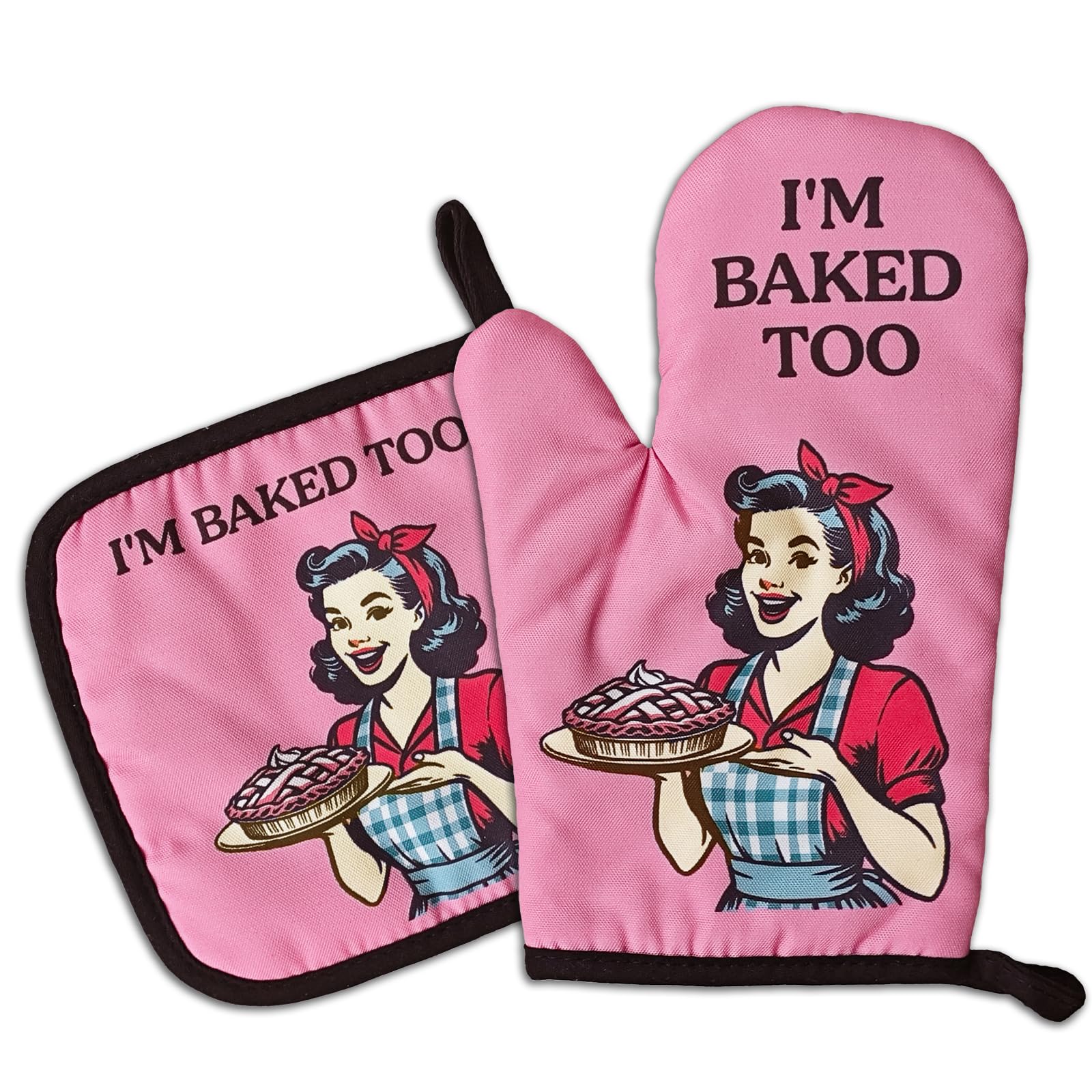 Rękawice kuchenne i uchwyty na garnki w stylu retro gospodyni domowej (zestaw 2 szt.) I'm Baked Too żaroodporne rękawice do pieczenia silikonowe antypoślizgowe rękawice kuchenne szef kuchni