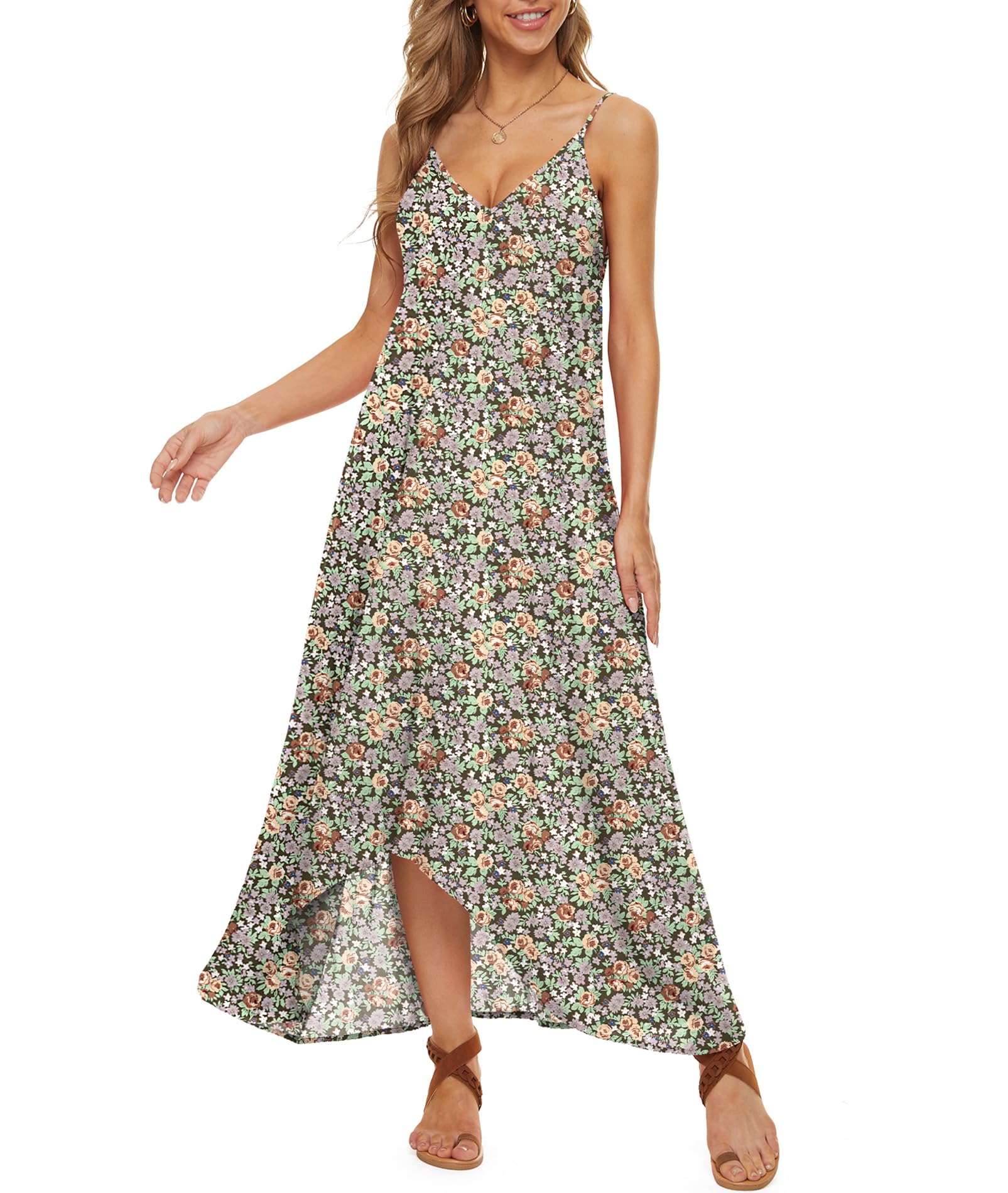 LILBETTER Women V-Neck Polka Dot Print Spaghetti Strap Boho Long Maxi Dresses