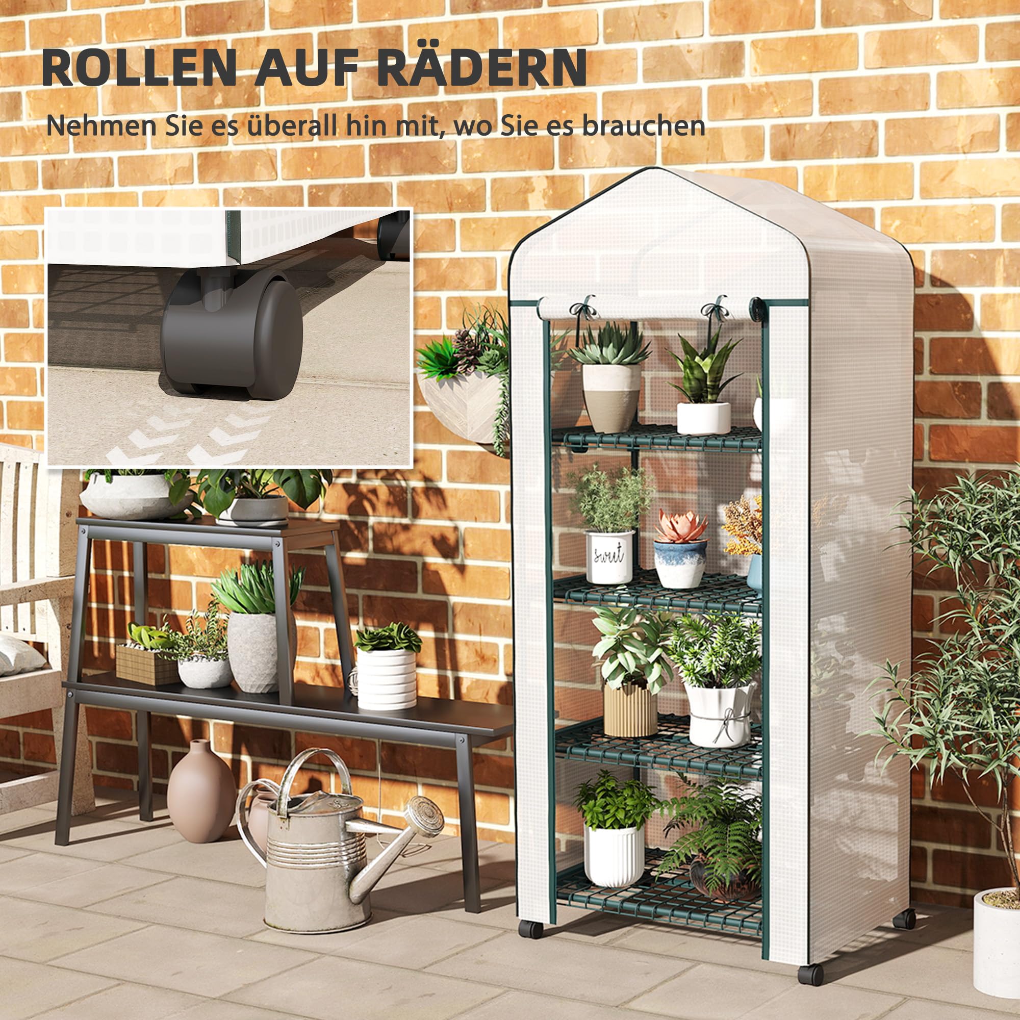 Serra Outsunny con rotolo, ripiani, serra in film d'acciaio resistente all'inverno, serra per balcone, giardino, casa per pomodori 69 x 50 x 165 cm, serra per pomodori, fiori, piante, bianco