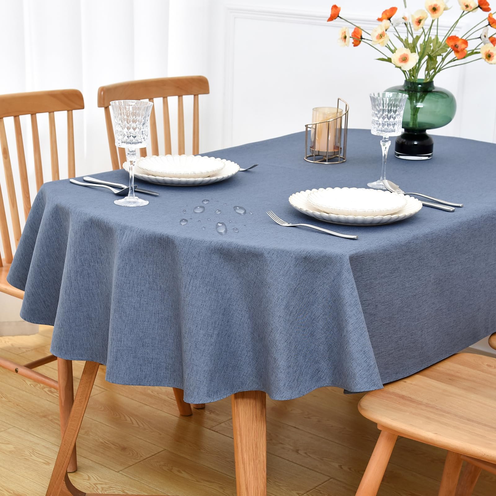 NEWISHER Farmhouse Water Resistant Oval Tablecloth 133x180 cm (52x70 inch), Faux Linen Table Cloth Wipe Clean, Washable Table Cover for Kitchen Dining, Party, Banquet Indoor Outdoor (Mist Blue)