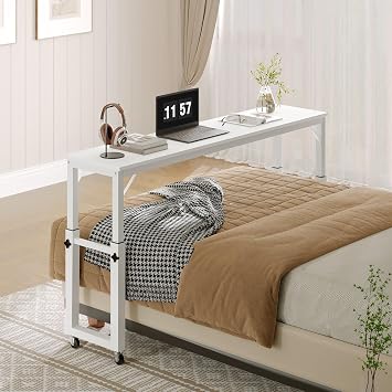 MAHANCRIS Overbed Table with Wheels, Mobile Bed Desk for Queen Size, 36"-43.5" Adjustable Height Rolling Table, Recliner Desk, Mobile Cross Bed for Bedroom, Living Room, Office, White MTWT18001