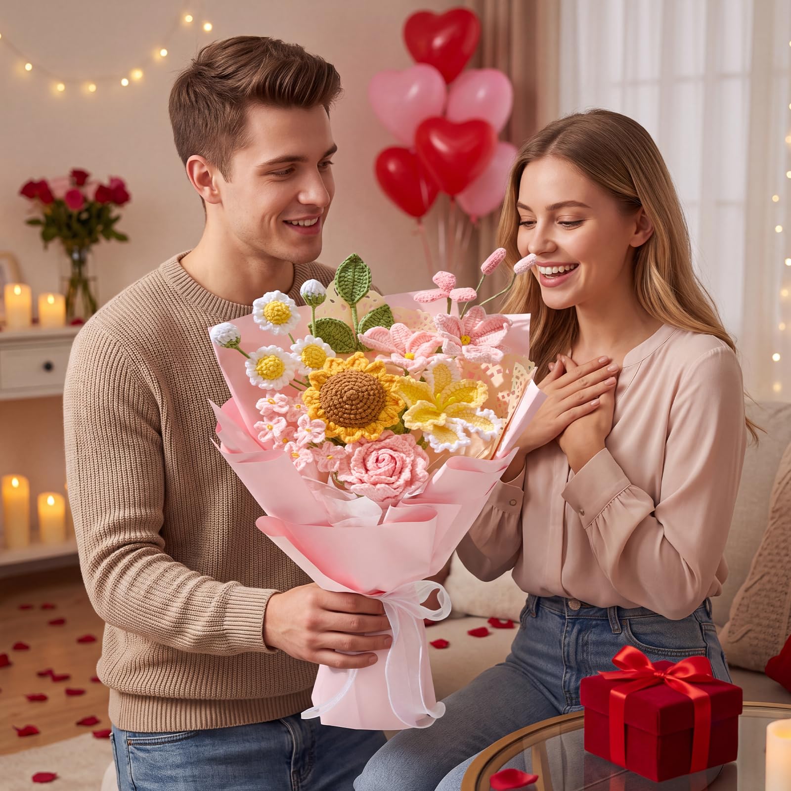 Alecono Bouquet de fleurs au crochet, roses et jaunes tricotées à la main, bouquet de roses pour la fête des mères, anniversaire, remise de diplôme, Saint-Valentin (avec carte)