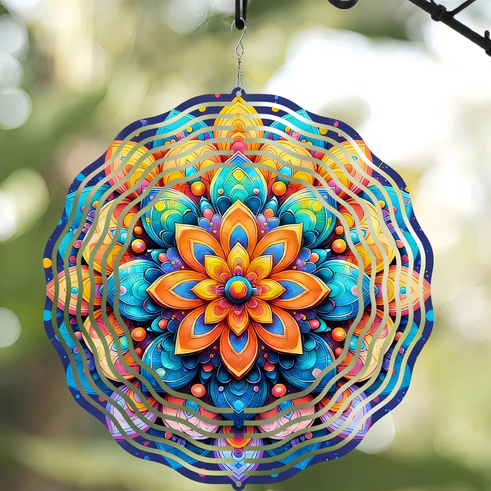 10 Inch Multicolor Mandala Wind Spinner, 3D Stainless Steel Hanging Kinetic Wind Rustproof Sculpture Gift for Garden Yard Balcony Window Porch Outdoor Decor, Women Mom Mothers Day